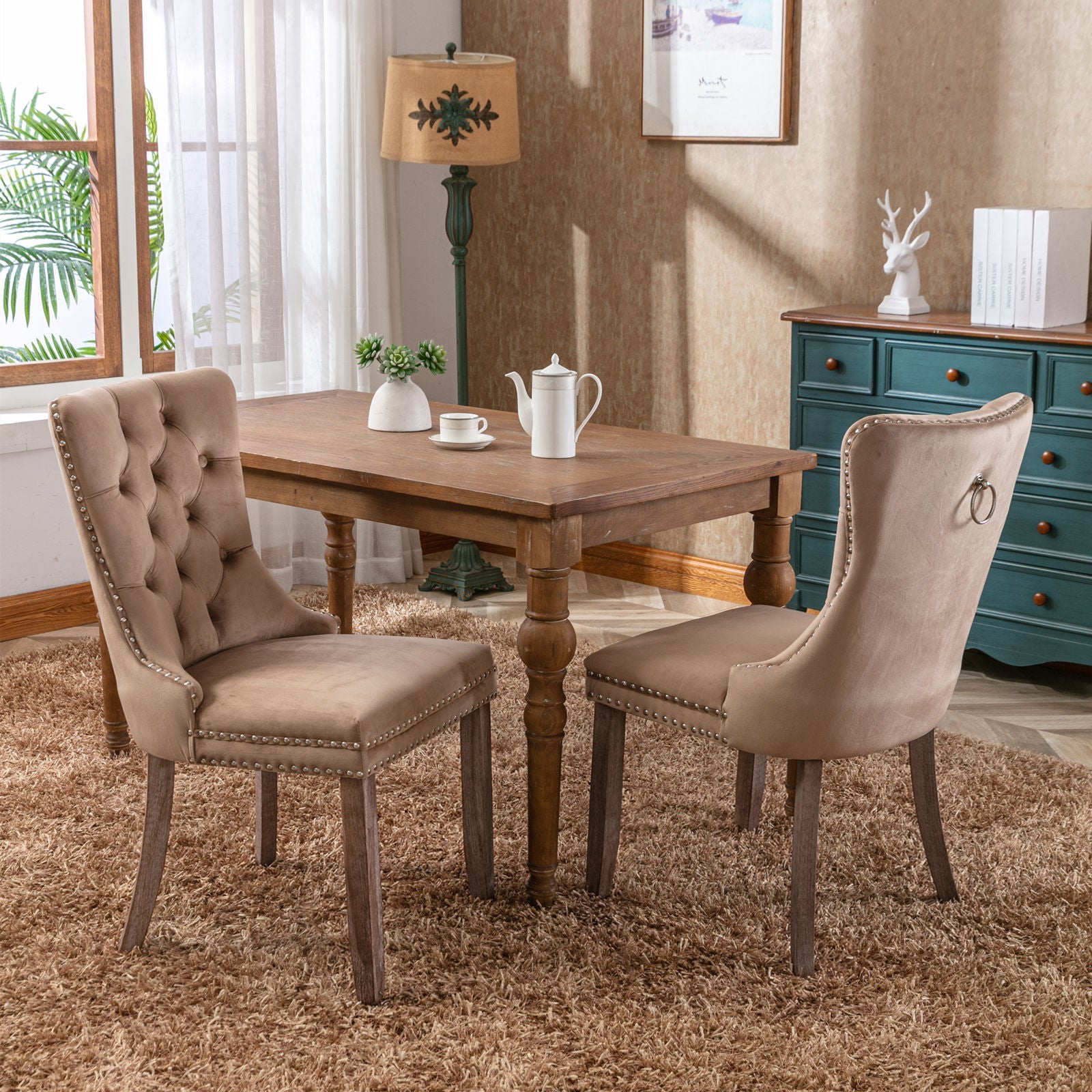 Rosewick Modern Tufted Velvet Nailhead Trim Solid Wood Upholstered Dining Chair with Wood Legs, Set of 2