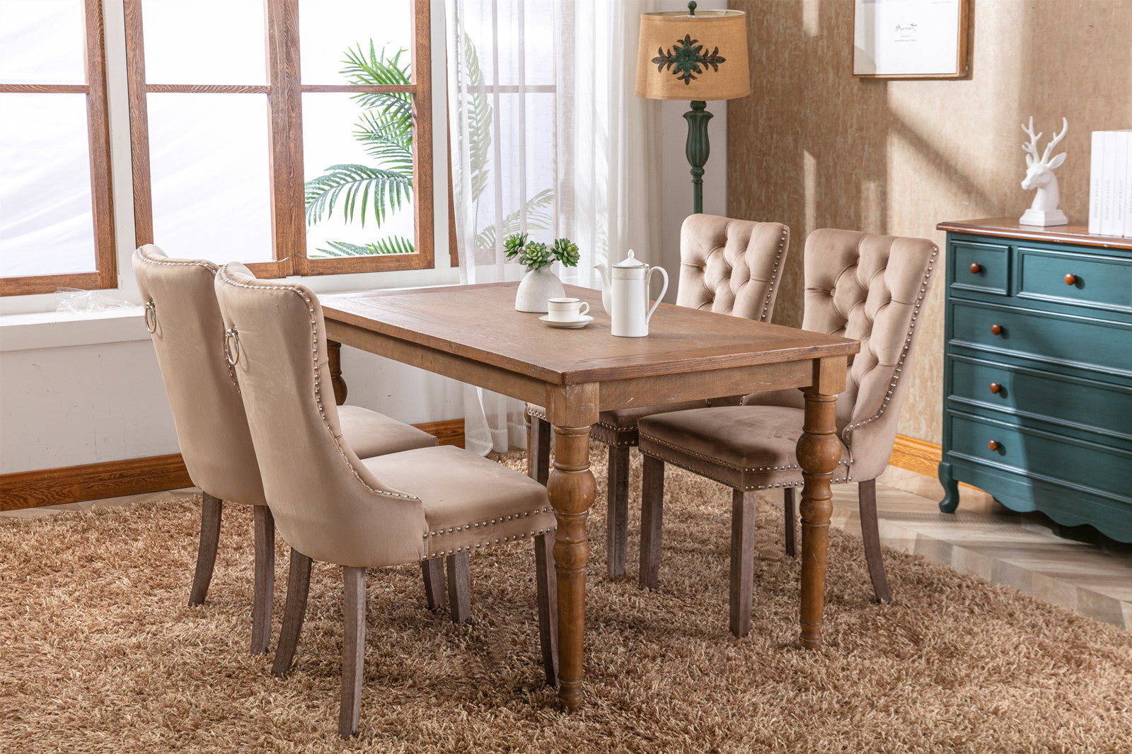 Rosewick Modern Tufted Velvet Nailhead Trim Solid Wood Upholstered Dining Chair with Wood Legs, Set of 2