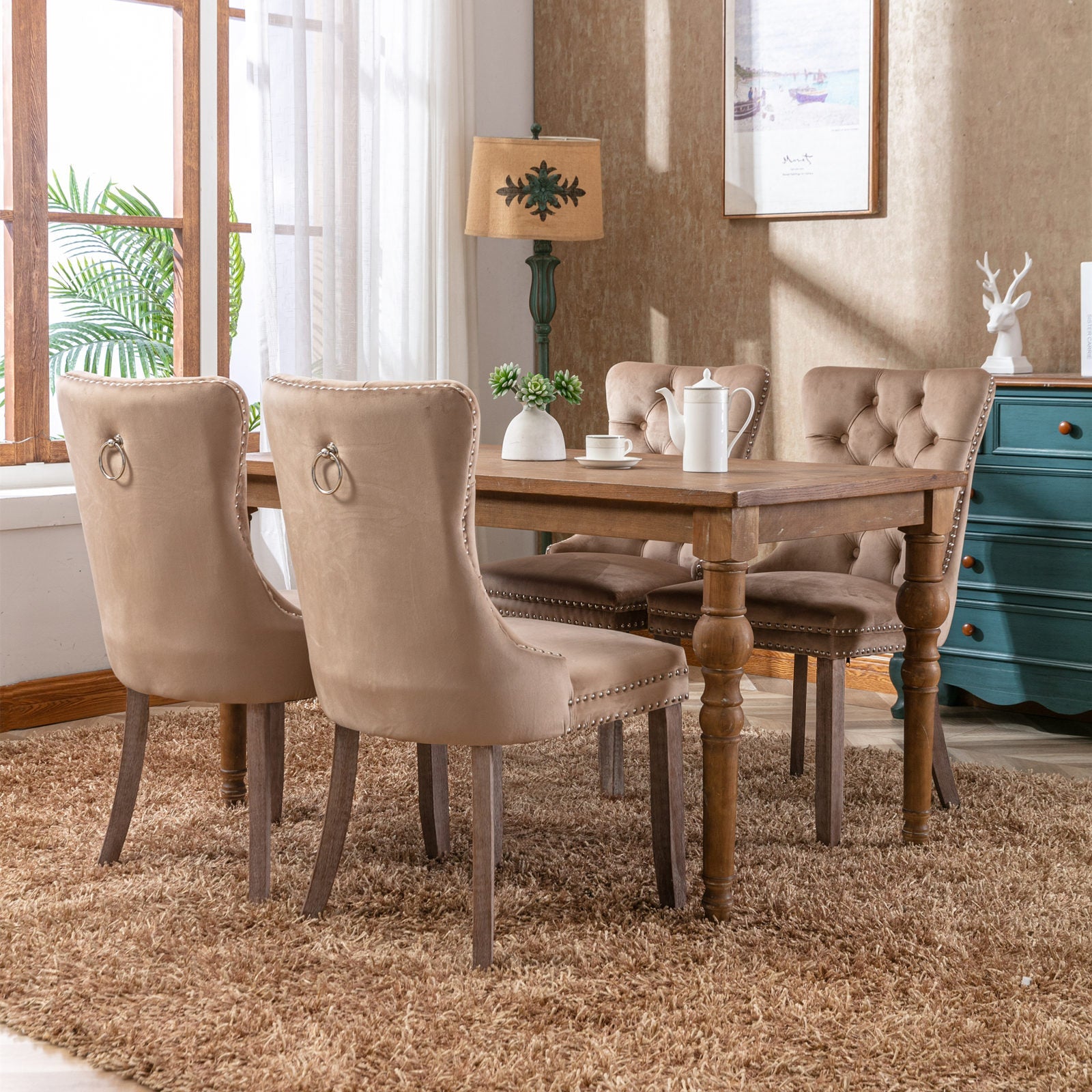 Rosewick Modern Tufted Velvet Nailhead Trim Solid Wood Upholstered Dining Chair with Wood Legs, Set of 2