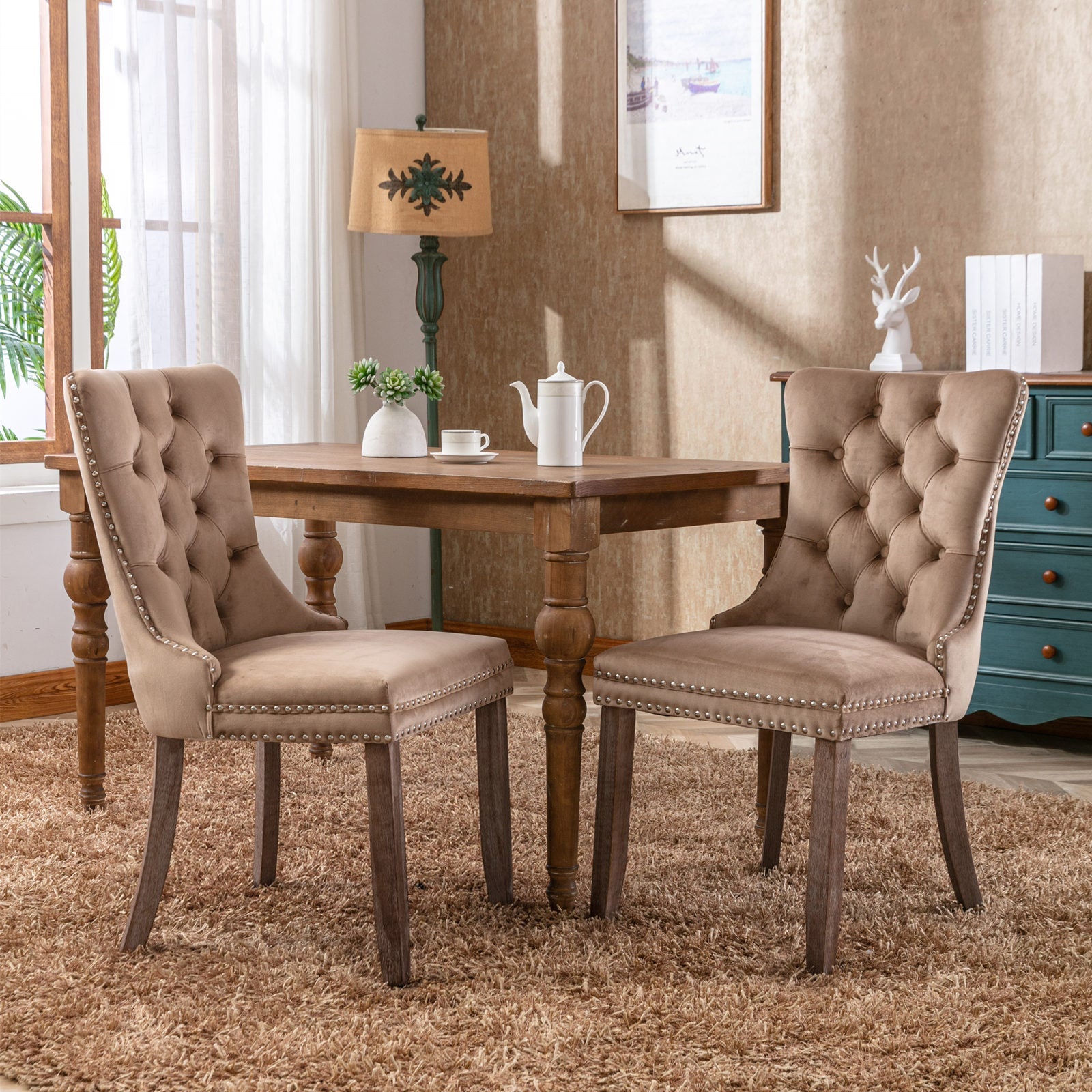 Rosewick Modern Tufted Velvet Nailhead Trim Solid Wood Upholstered Dining Chair with Wood Legs, Set of 2