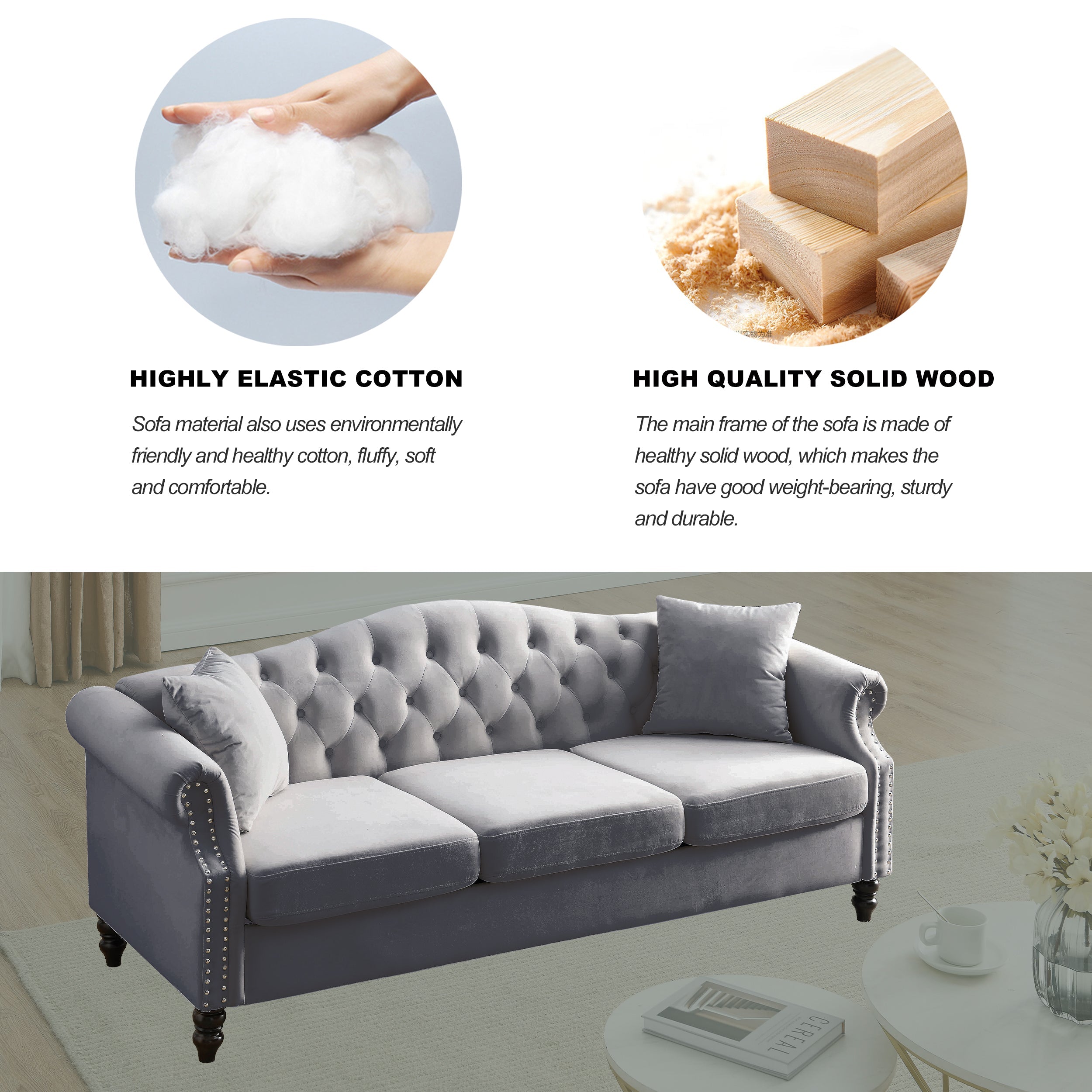 Nailhead Velvet Pitched Back Chesterfield 3-Seater Sofa