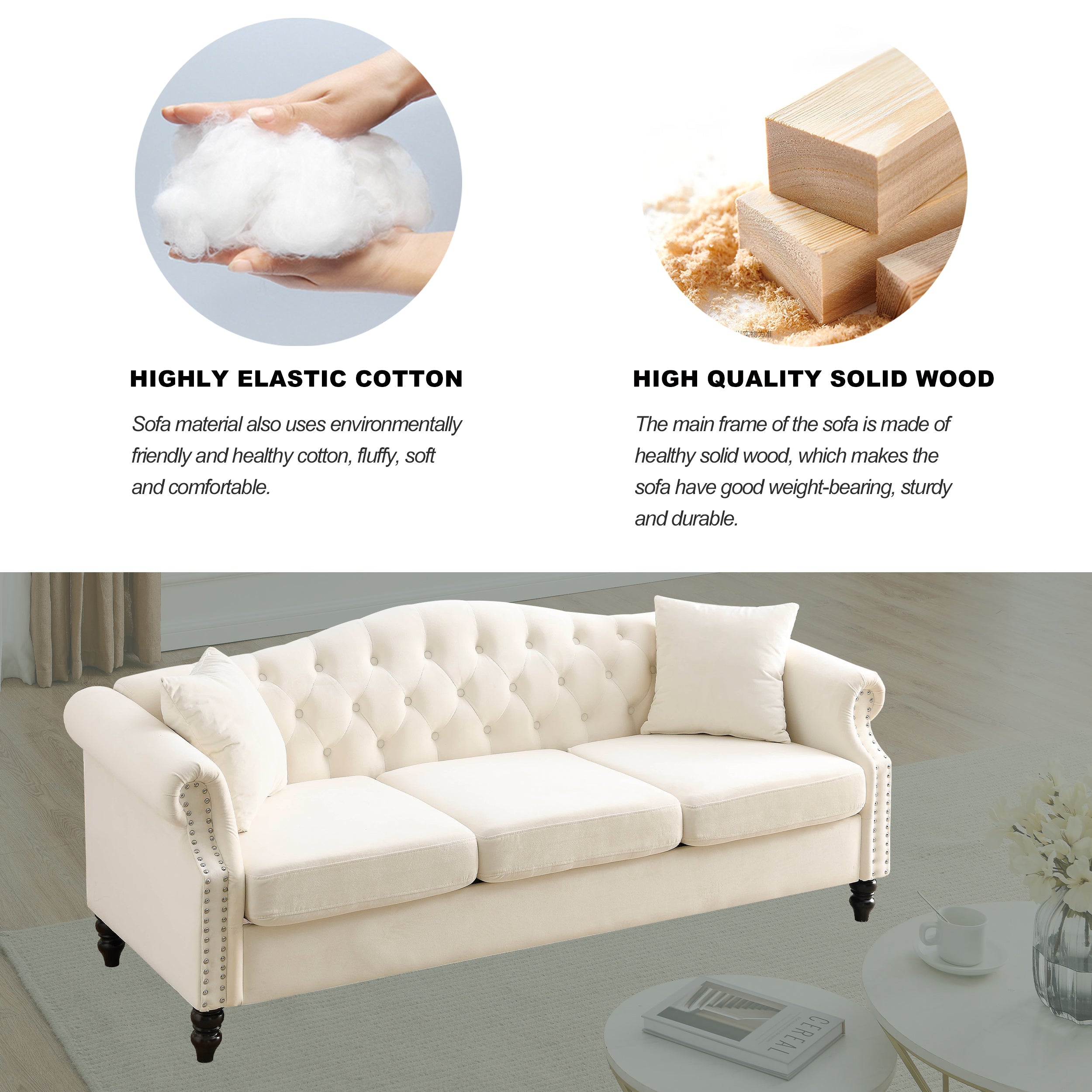 Nailhead Velvet Pitched Back Chesterfield 3-Seater Sofa