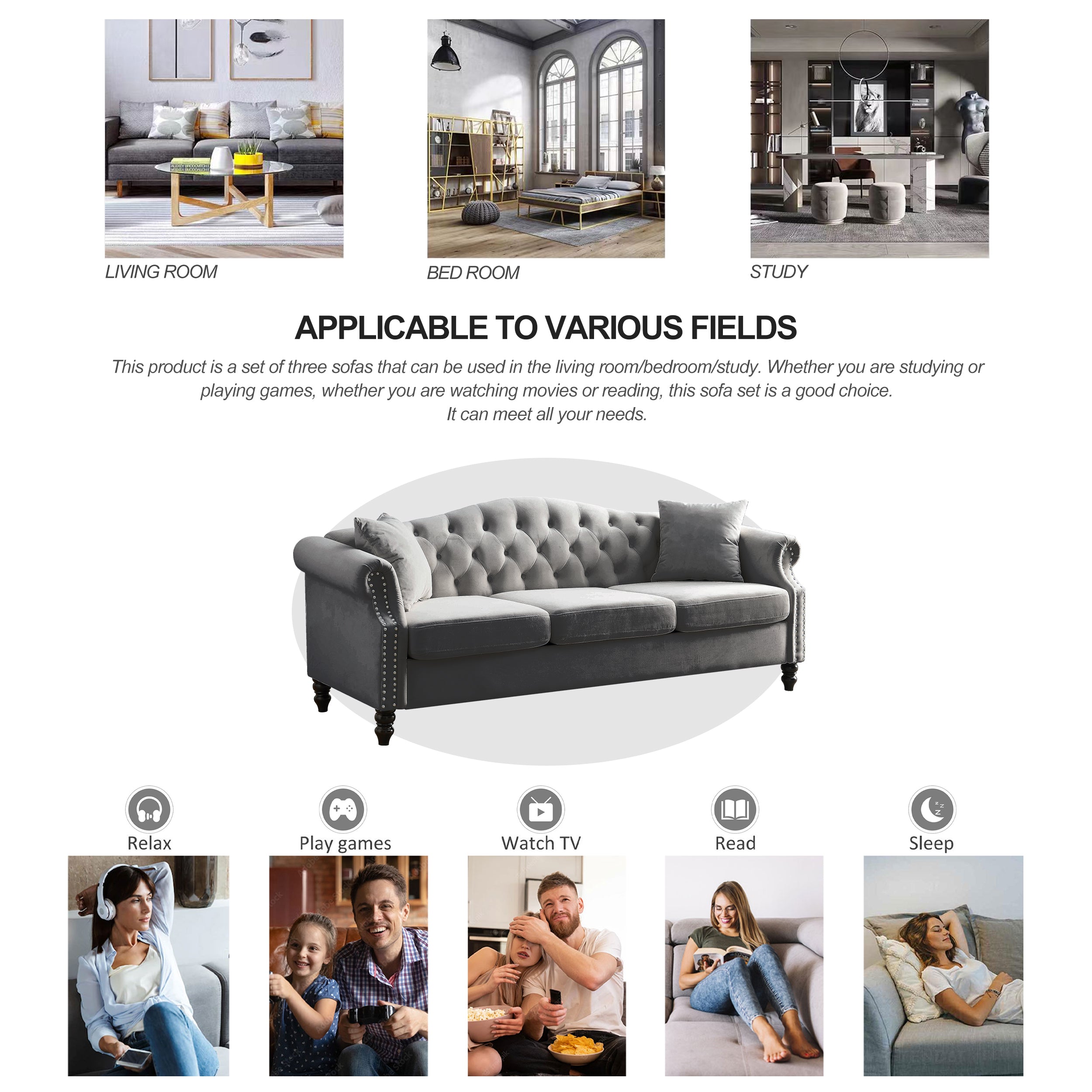 Nailhead Velvet Pitched Back Chesterfield 3-Seater Sofa