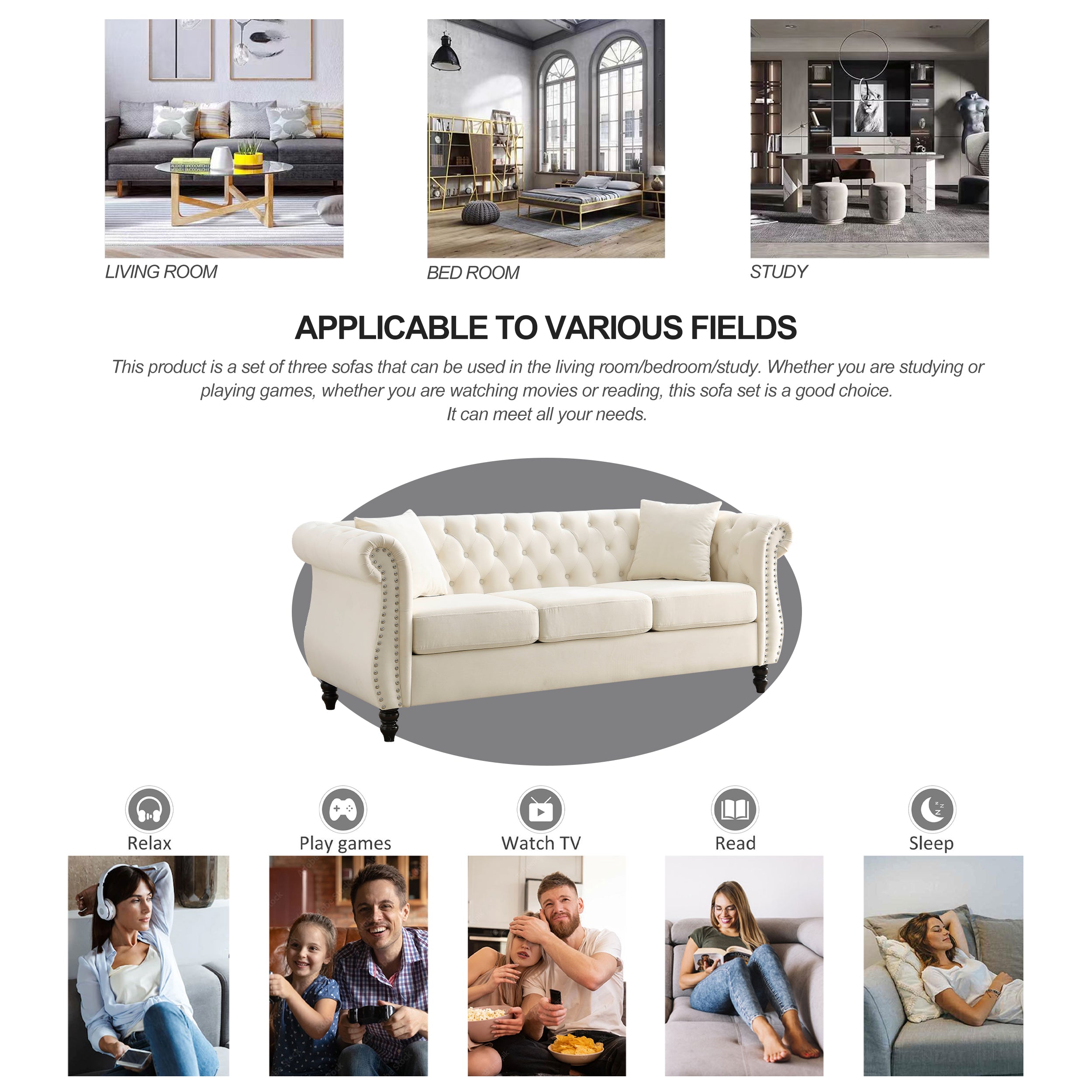 Nailhead Velvet Chesterfield 3-Seater Sofa