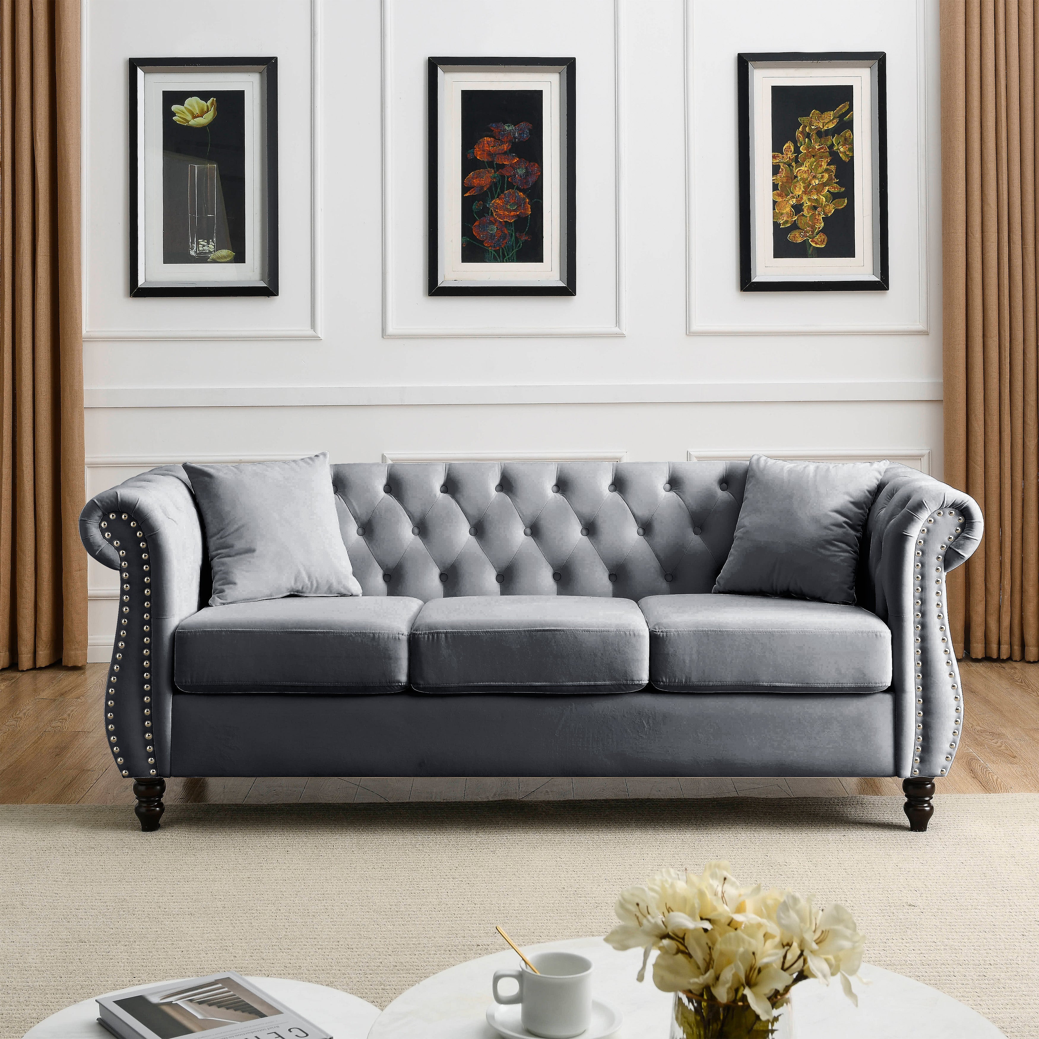 Nailhead Velvet Chesterfield 3-Seater Sofa