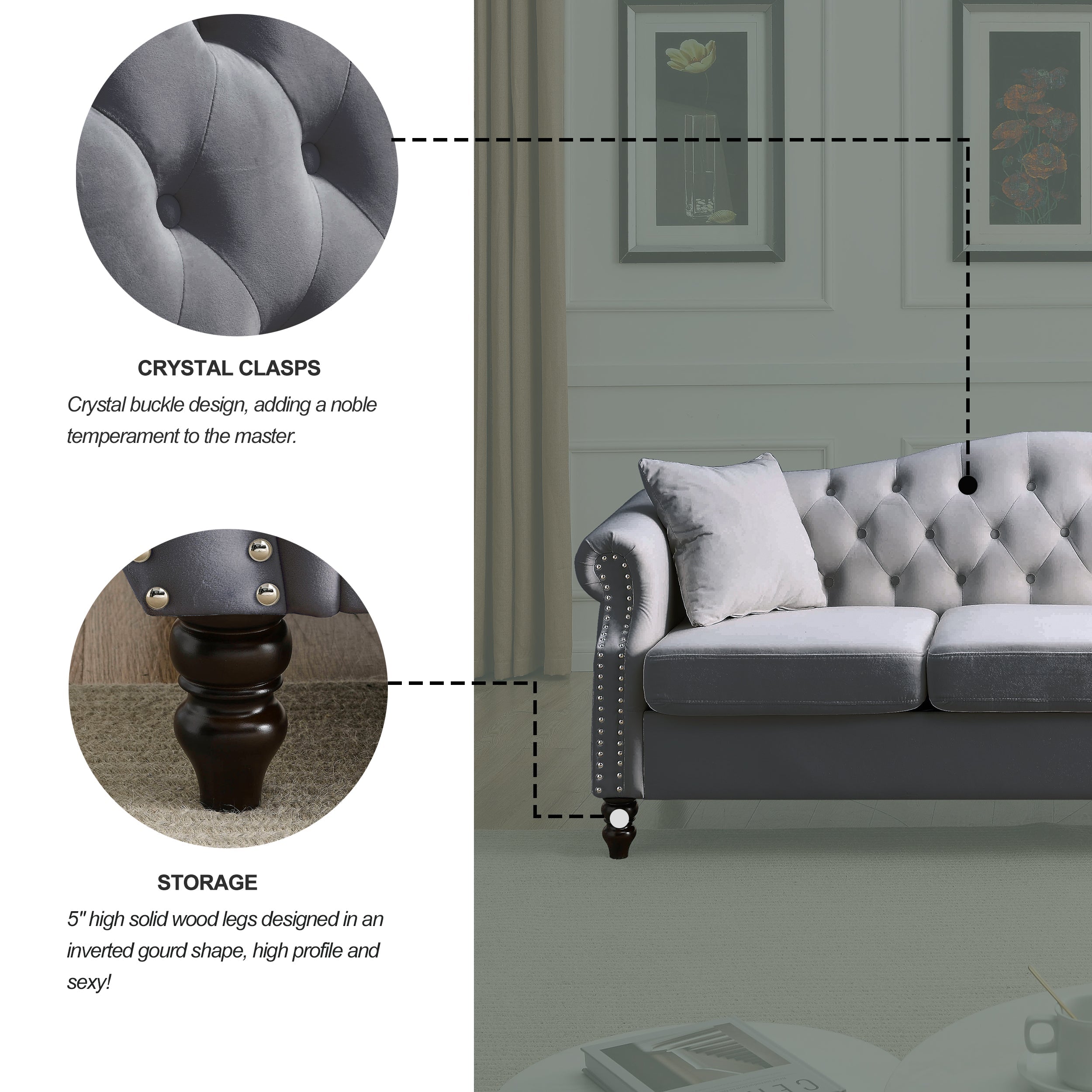 Nailhead Velvet Pitched Back Chesterfield 3-Seater Sofa