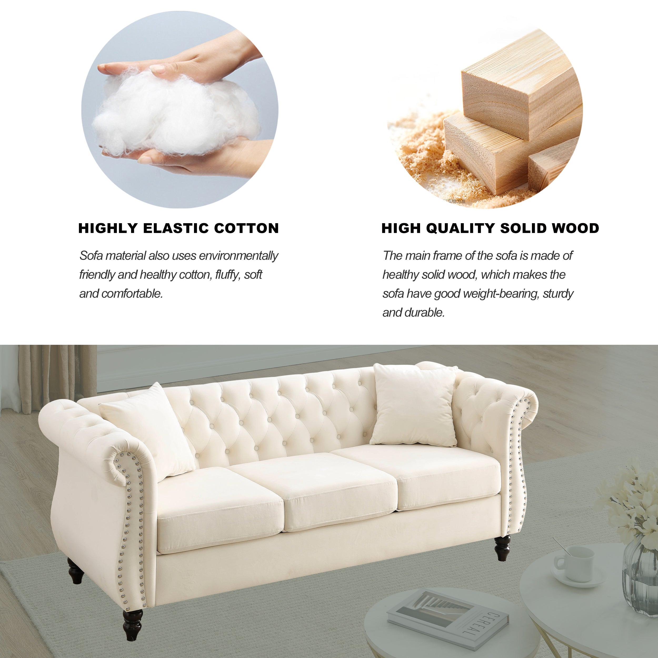 Nailhead Velvet Chesterfield 3-Seater Sofa