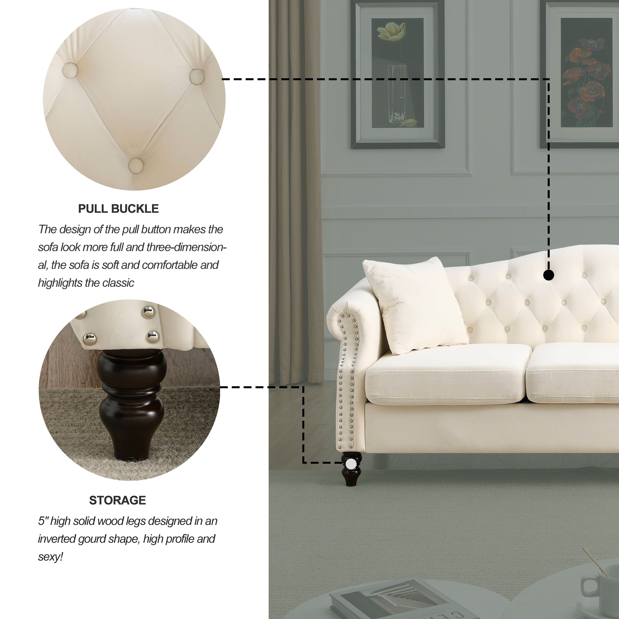 Nailhead Velvet Pitched Back Chesterfield 3-Seater Sofa