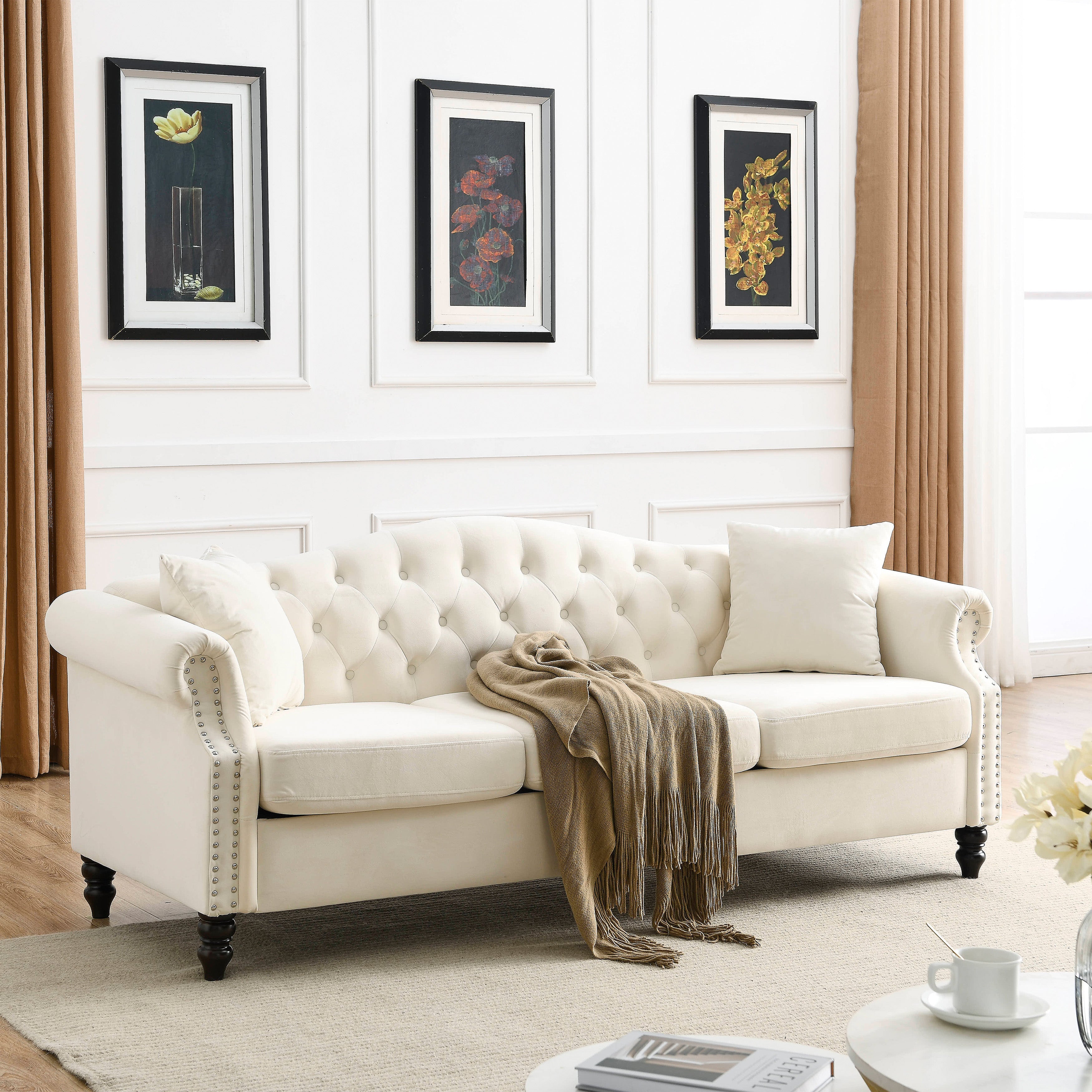 Nailhead Velvet Pitched Back Chesterfield 3-Seater Sofa