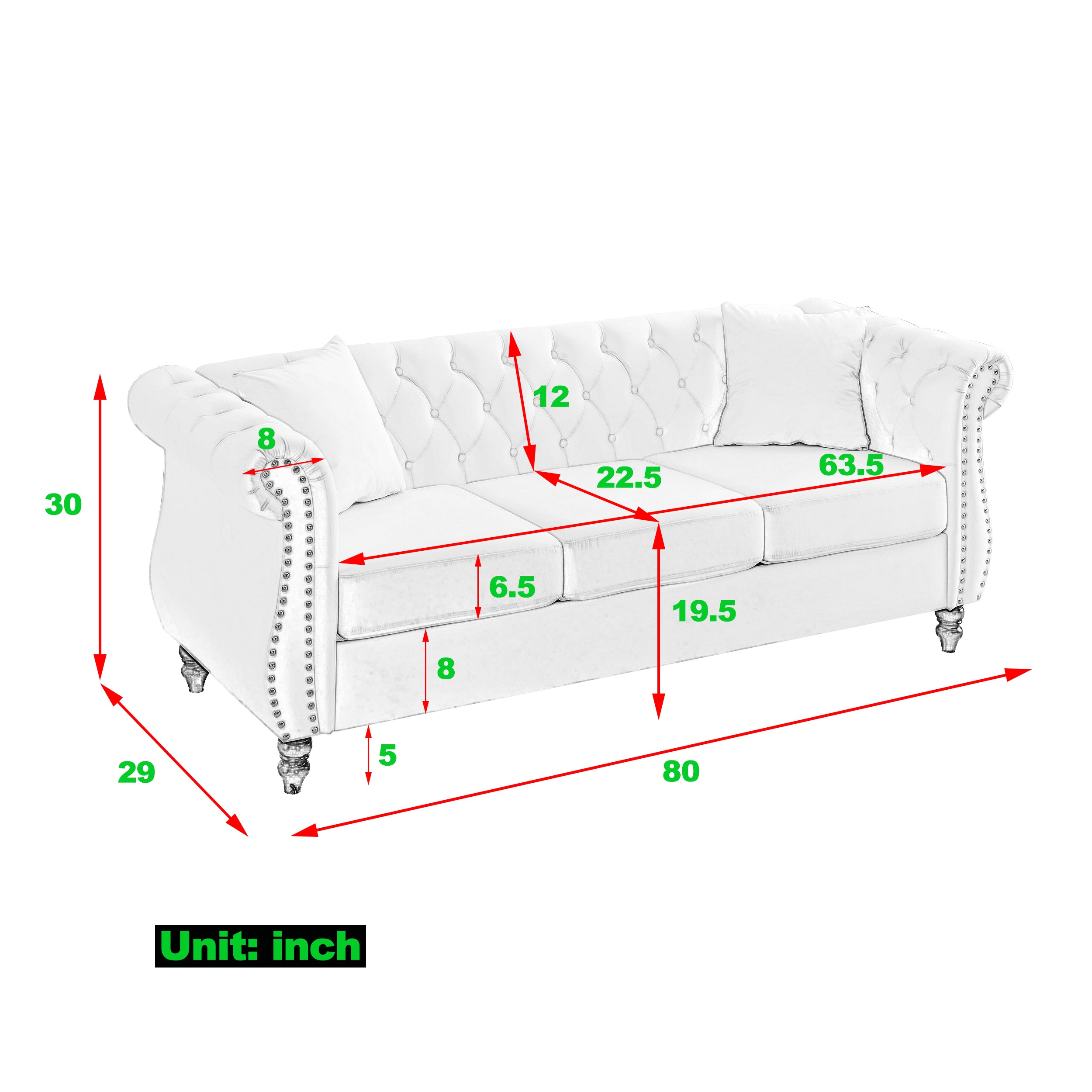 Nailhead Velvet Pitched Back Chesterfield 3-Seater Sofa