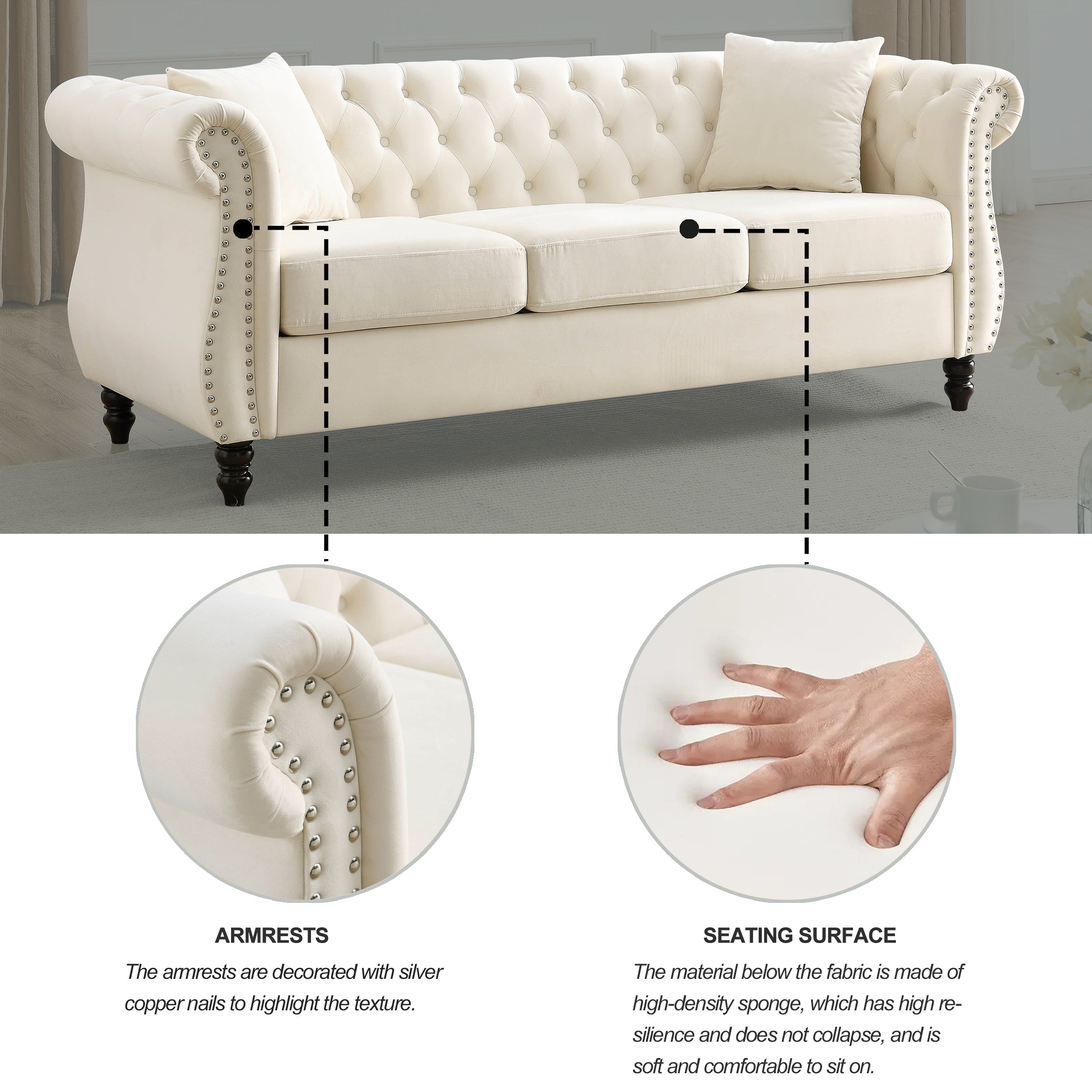 Nailhead Velvet Chesterfield 3-Seater Sofa