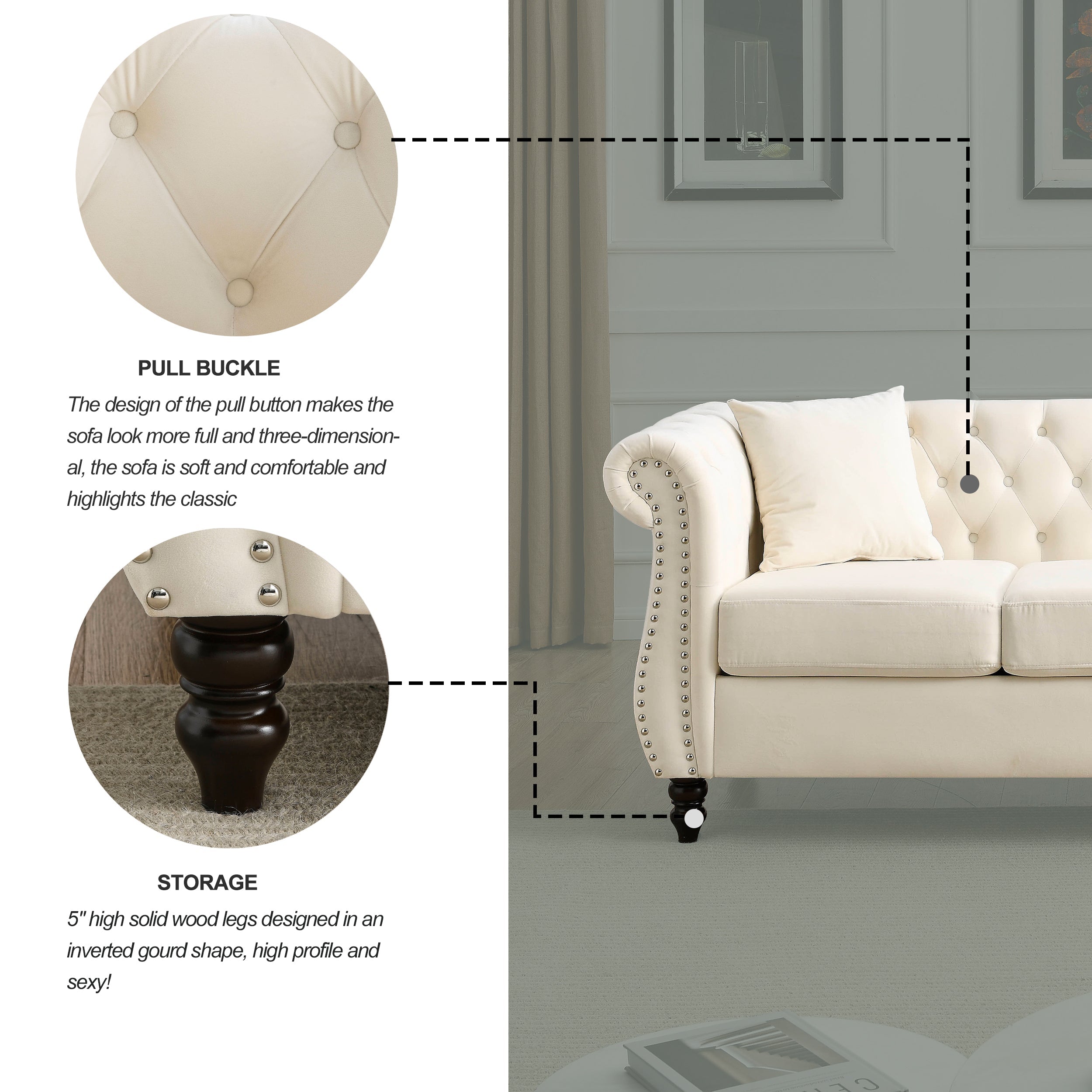 Nailhead Velvet Chesterfield 3-Seater Sofa