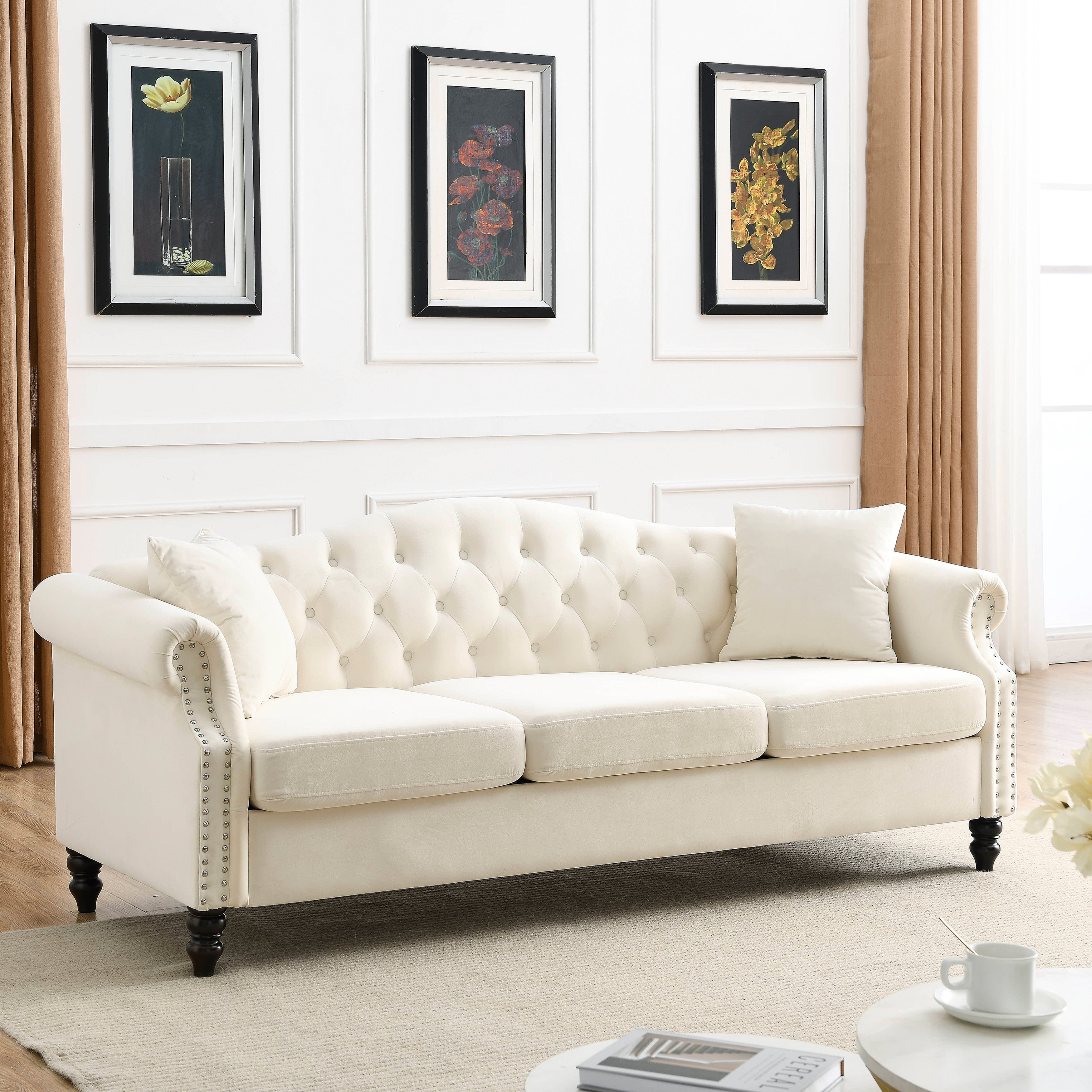 Nailhead Velvet Pitched Back Chesterfield 3-Seater Sofa
