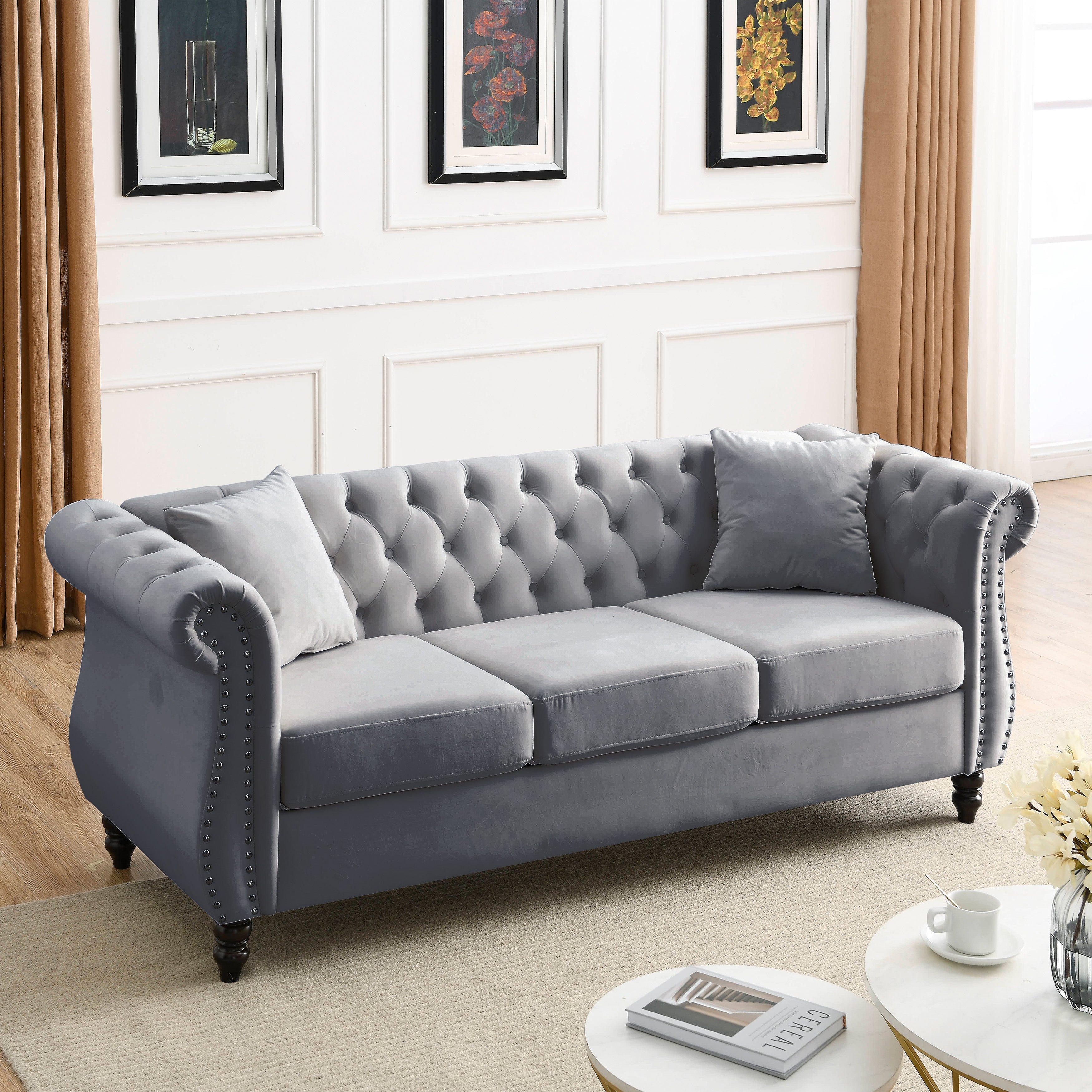 Nailhead Velvet Chesterfield 3-Seater Sofa