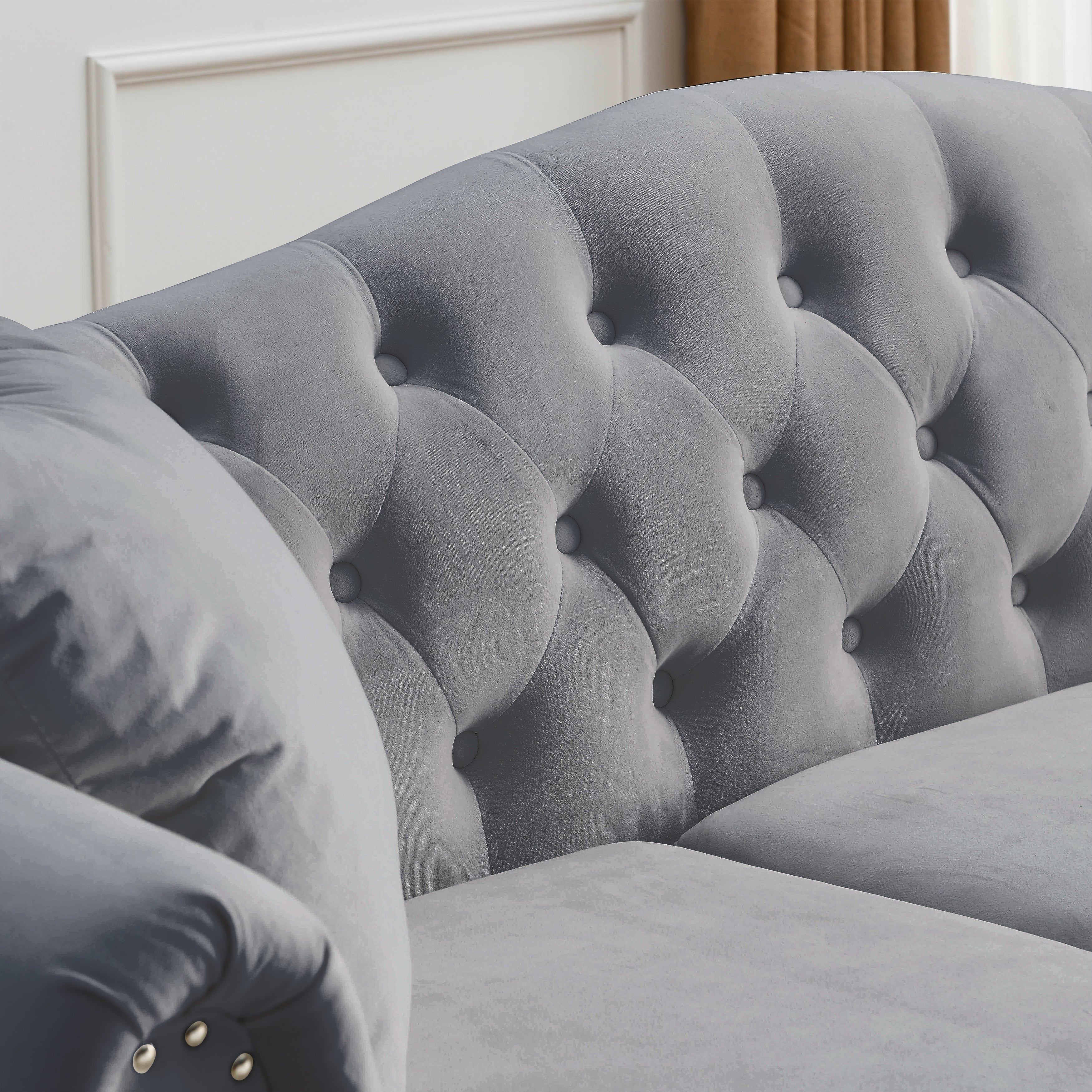 Nailhead Velvet Pitched Back Chesterfield 3-Seater Sofa