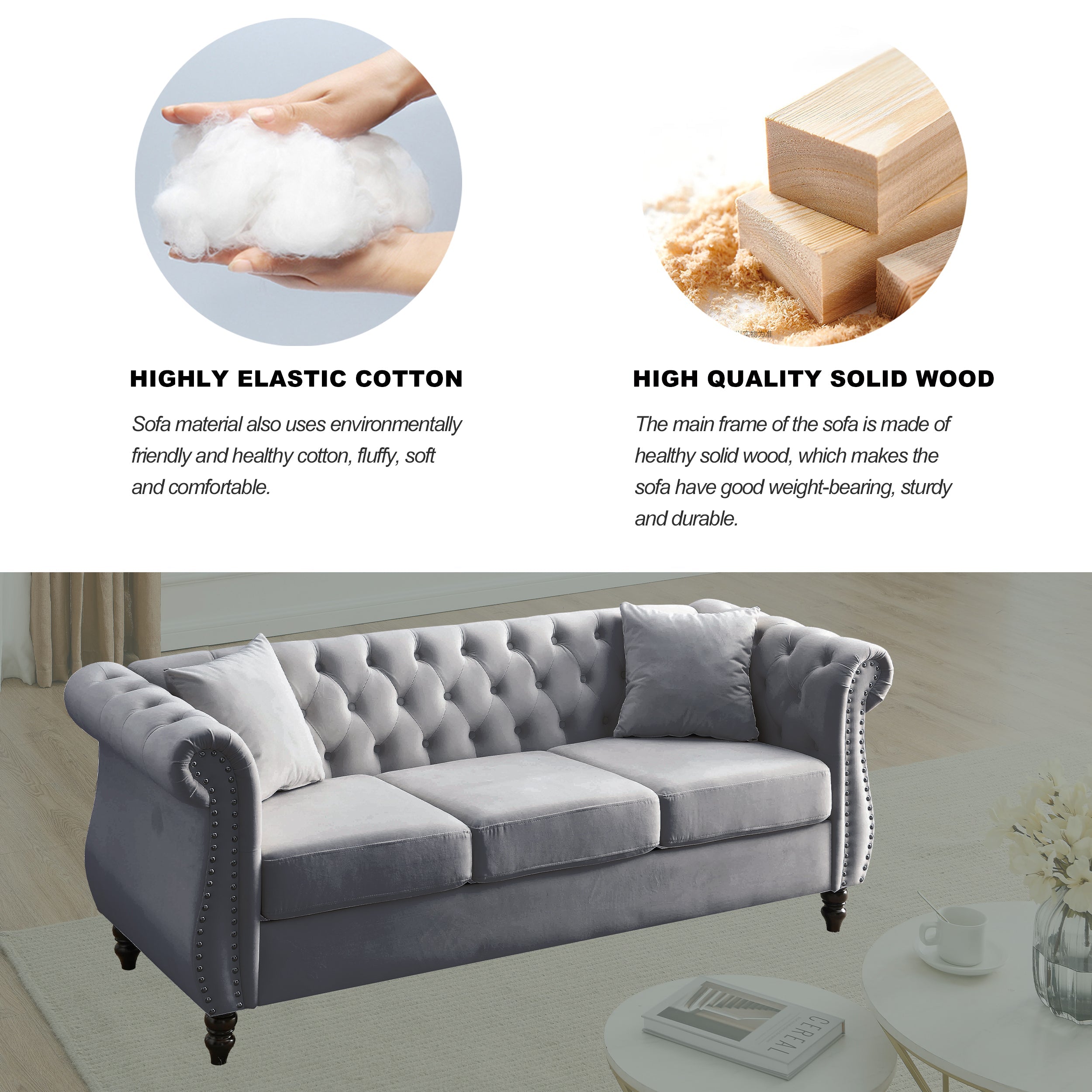 Nailhead Velvet Chesterfield 3-Seater Sofa