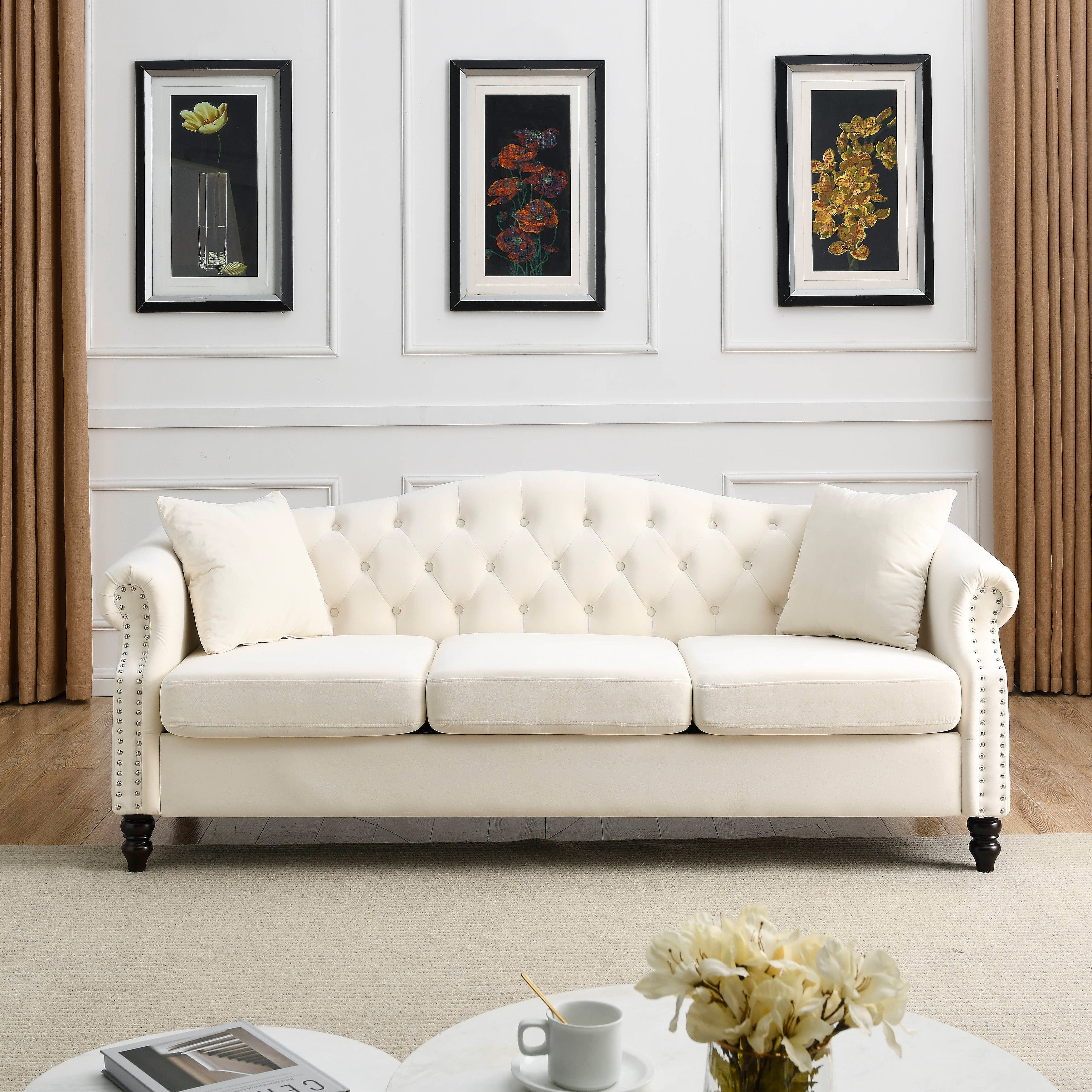 Nailhead Velvet Pitched Back Chesterfield 3-Seater Sofa