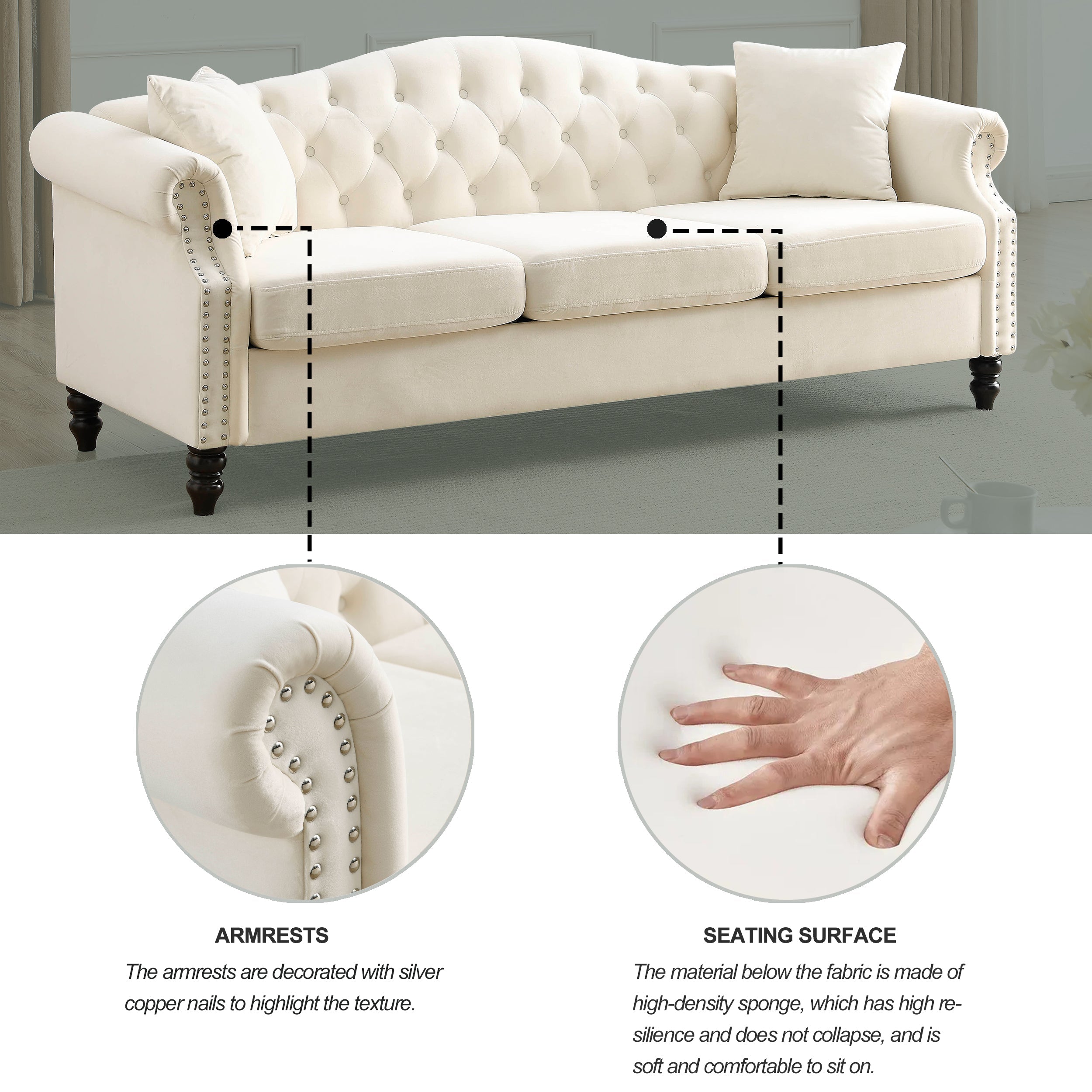 Nailhead Velvet Pitched Back Chesterfield 3-Seater Sofa