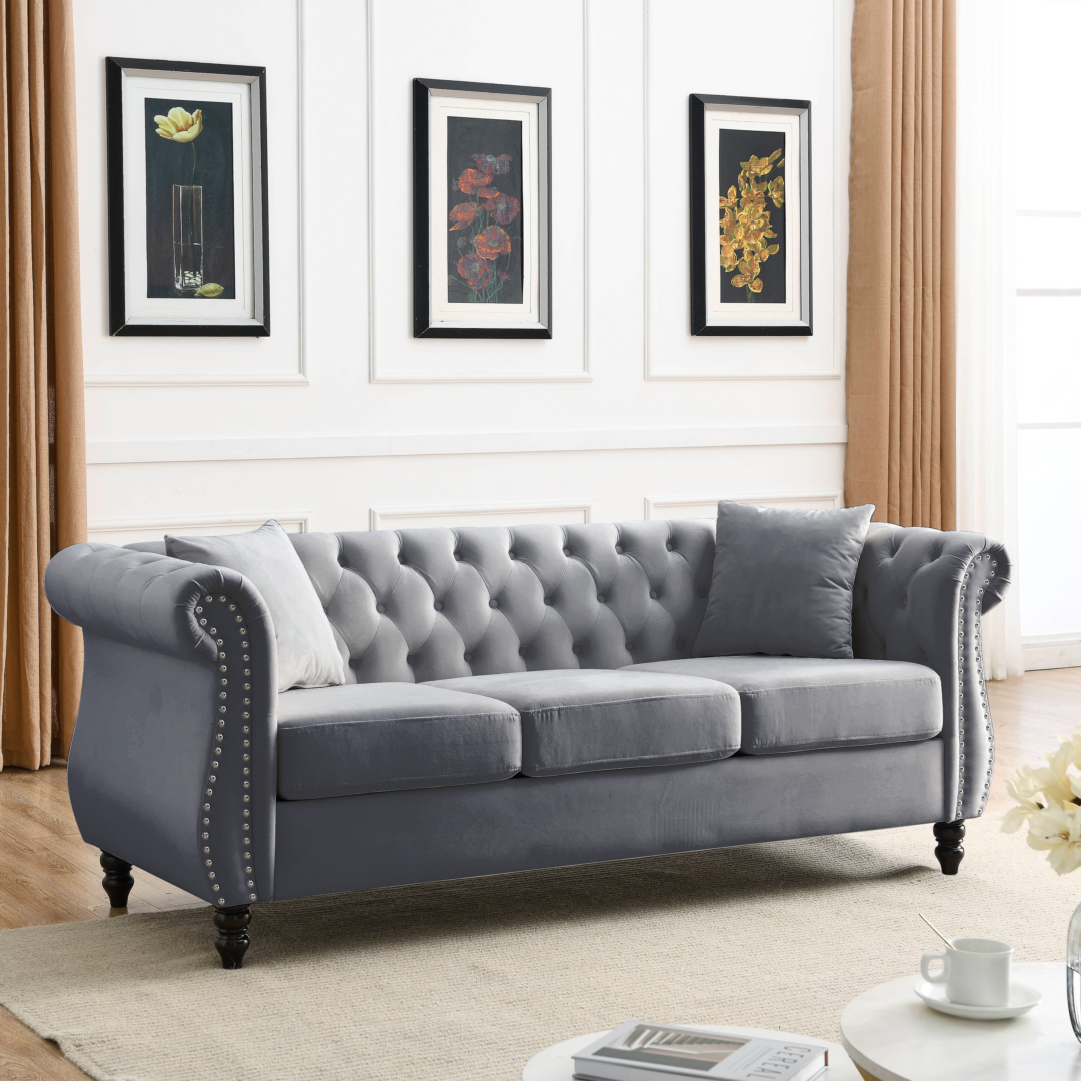 Nailhead Velvet Chesterfield 3-Seater Sofa