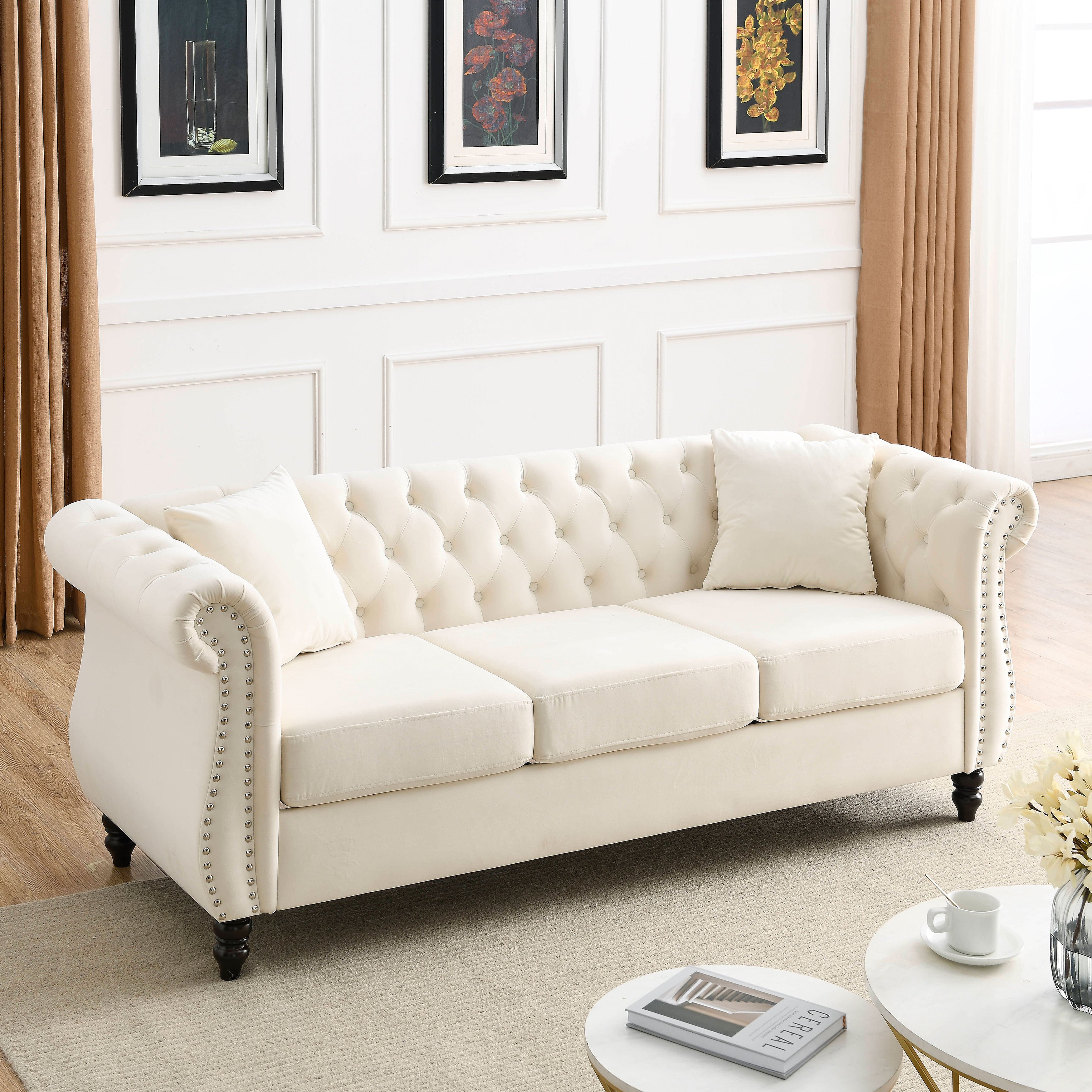 Nailhead Velvet Chesterfield 3-Seater Sofa
