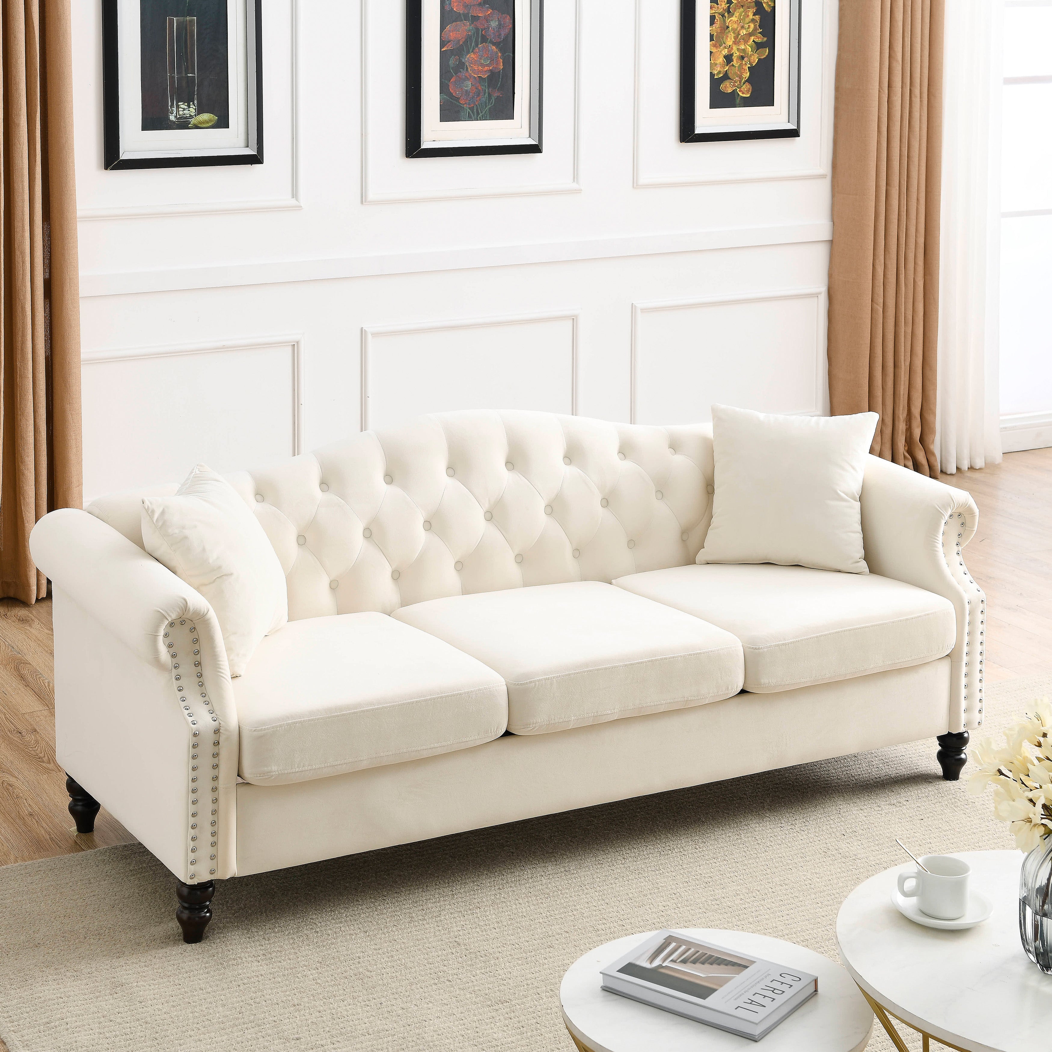 Nailhead Velvet Pitched Back Chesterfield 3-Seater Sofa