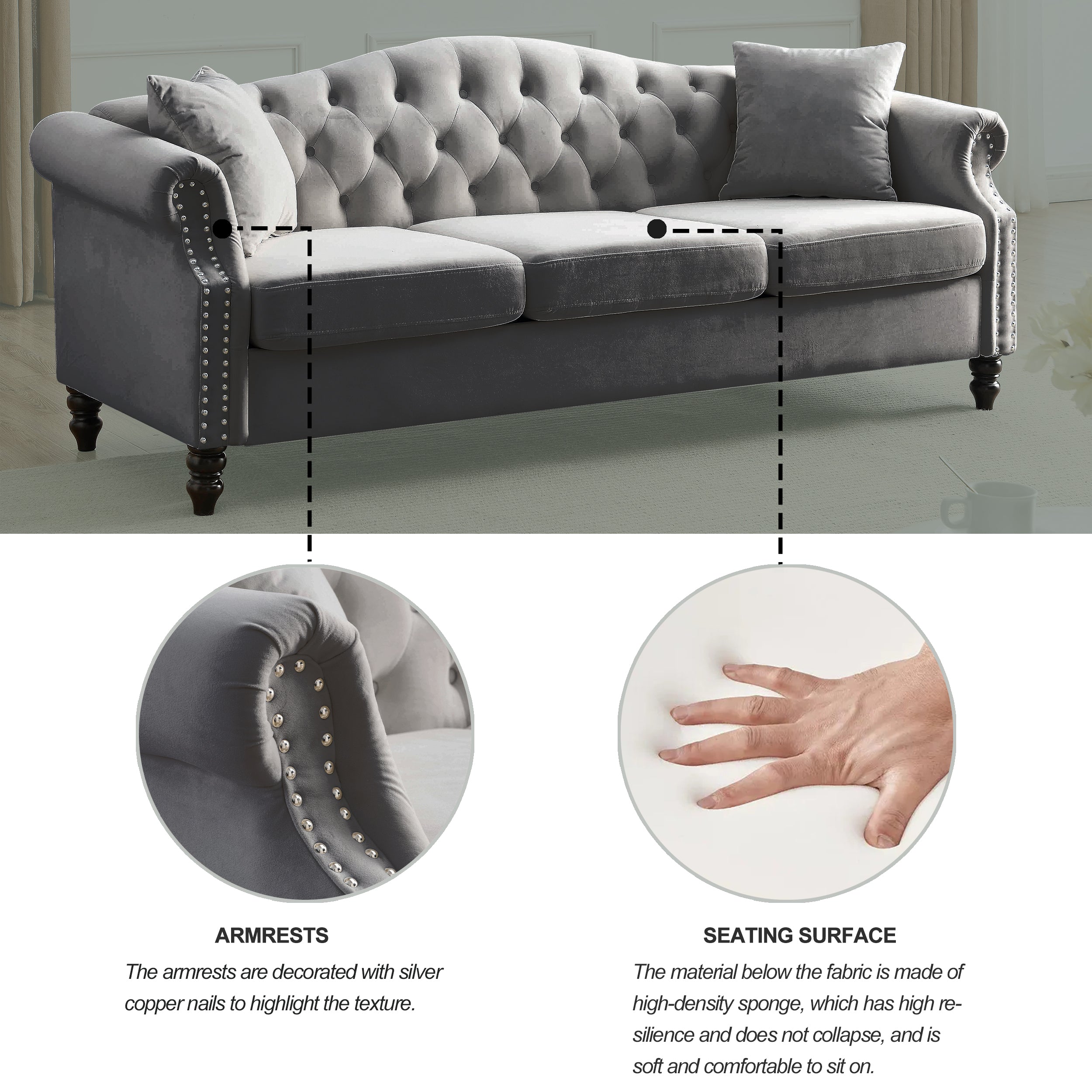 Nailhead Velvet Pitched Back Chesterfield 3-Seater Sofa