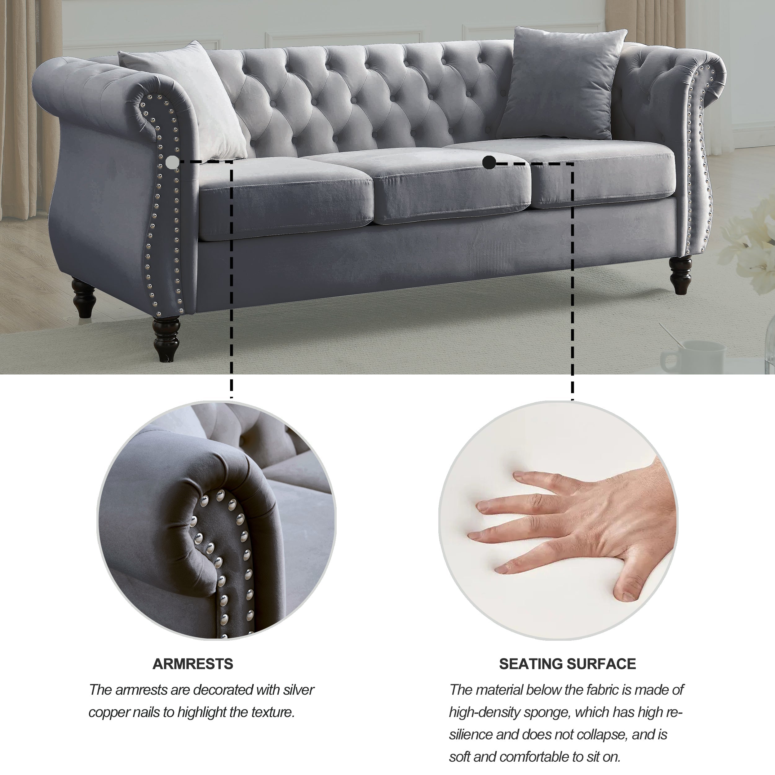 Nailhead Velvet Chesterfield 3-Seater Sofa