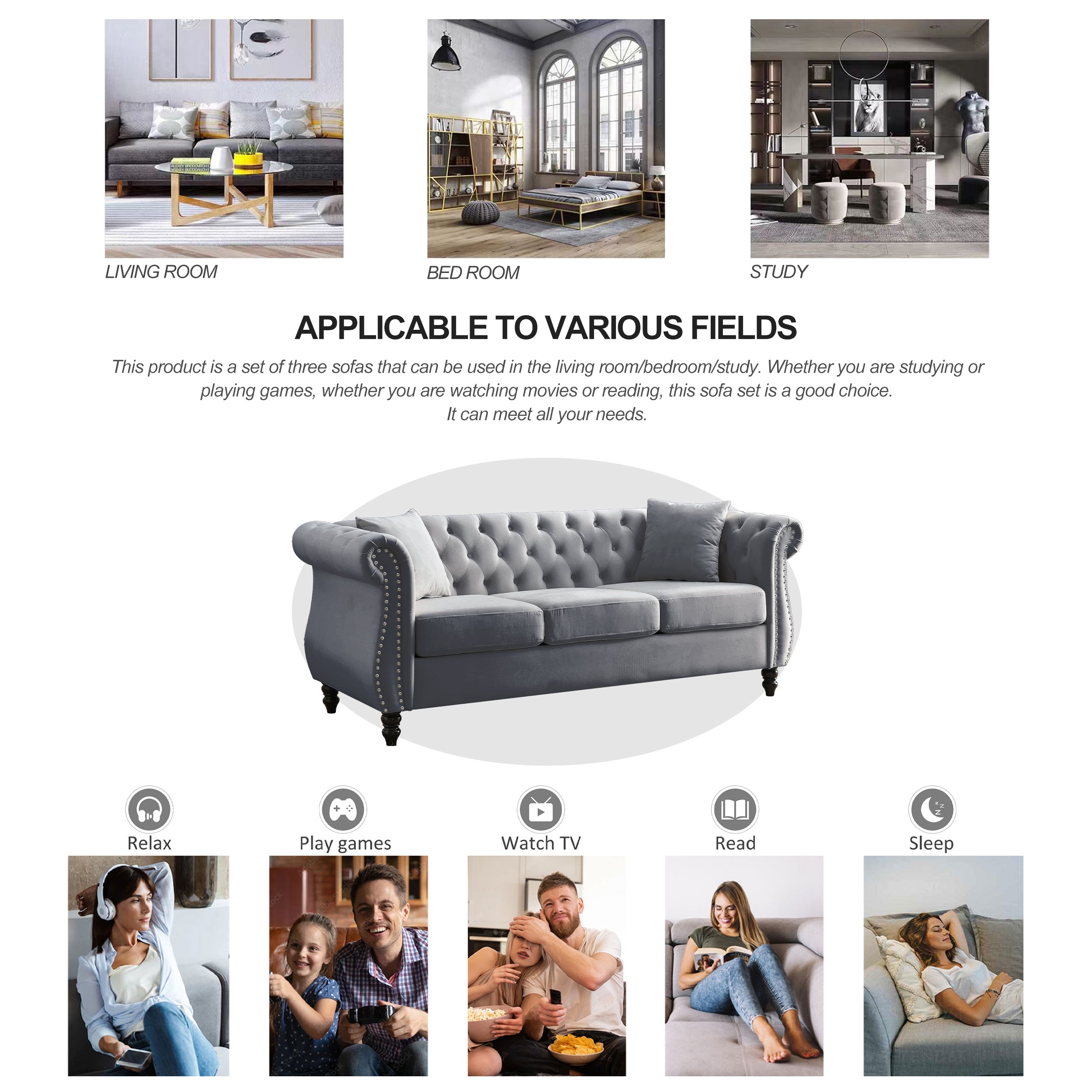 Nailhead Velvet Chesterfield 3-Seater Sofa