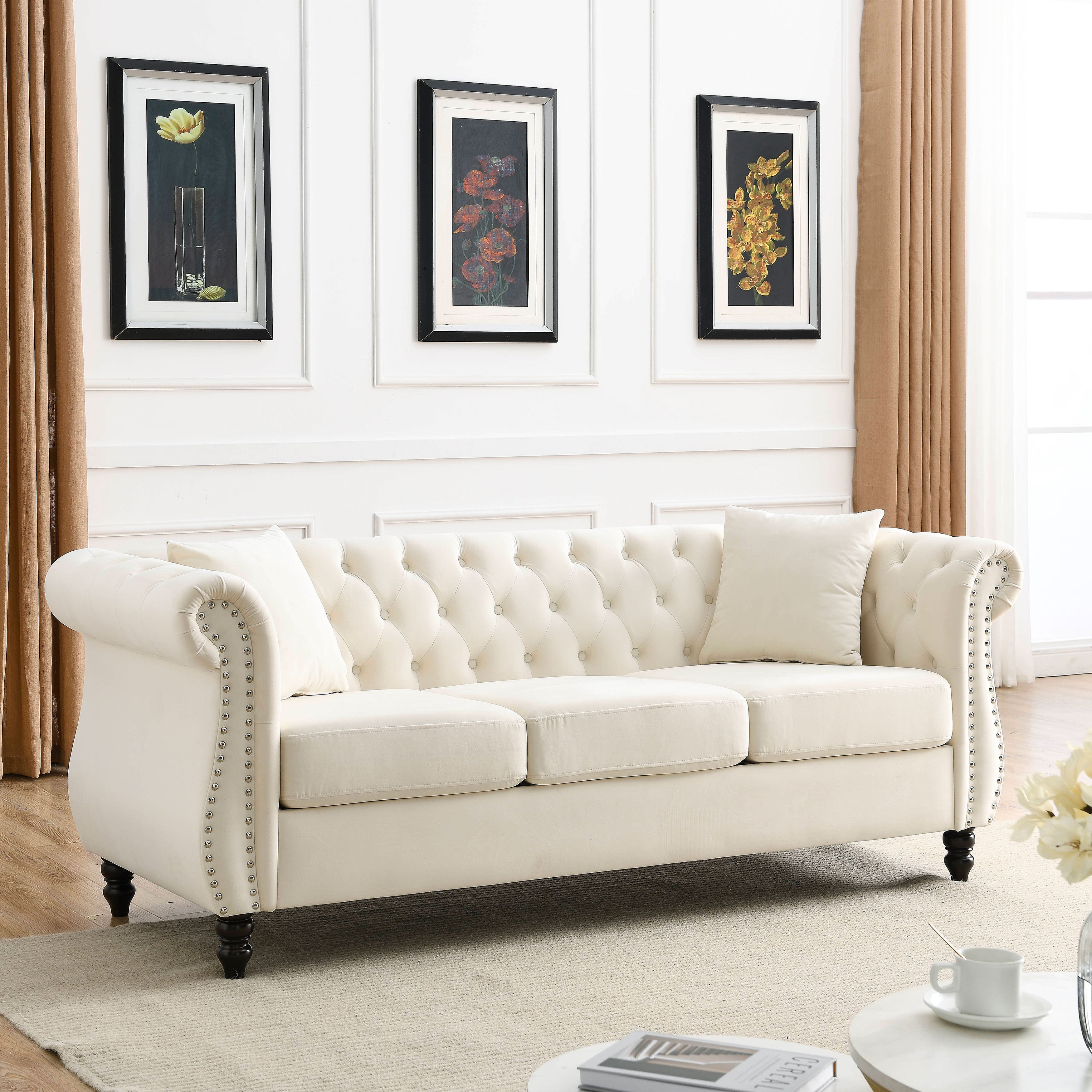 Nailhead Velvet Chesterfield 3-Seater Sofa