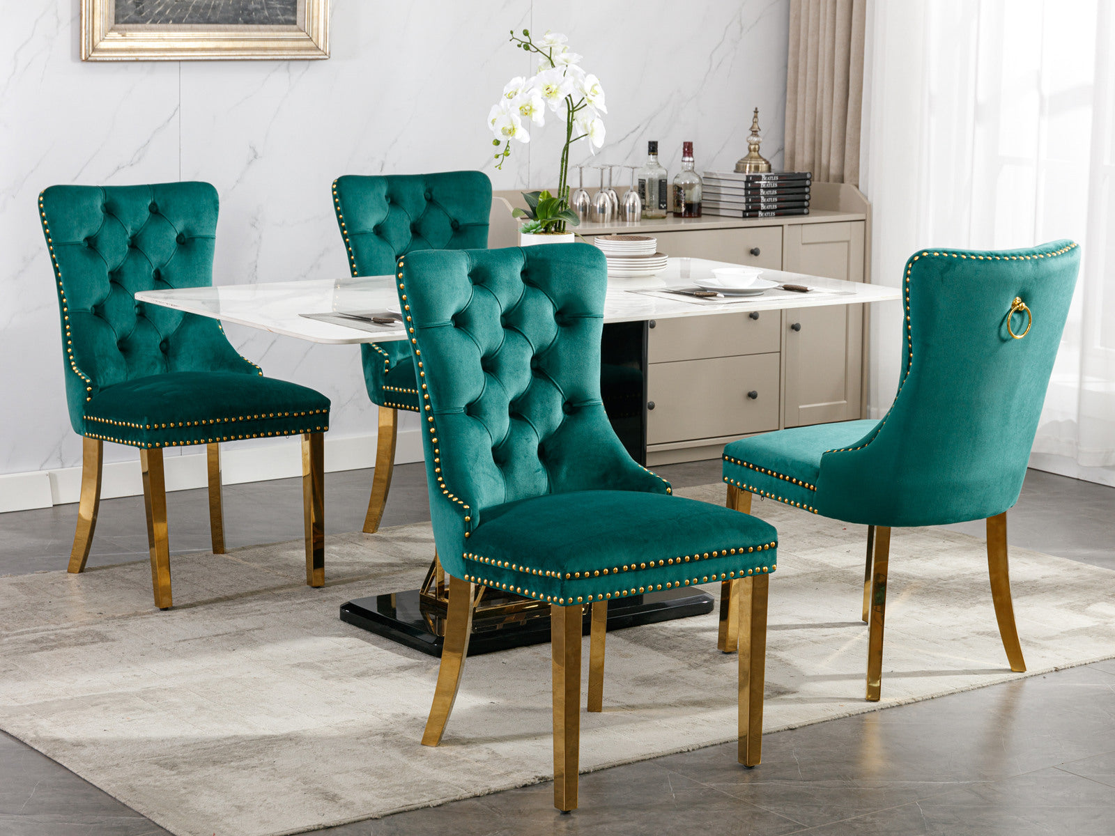 Rosewick Modern Tufted Velvet Solid Wood Upholstered Dining Chair with Gold Stainless Steel Plating Legs, Set of 2