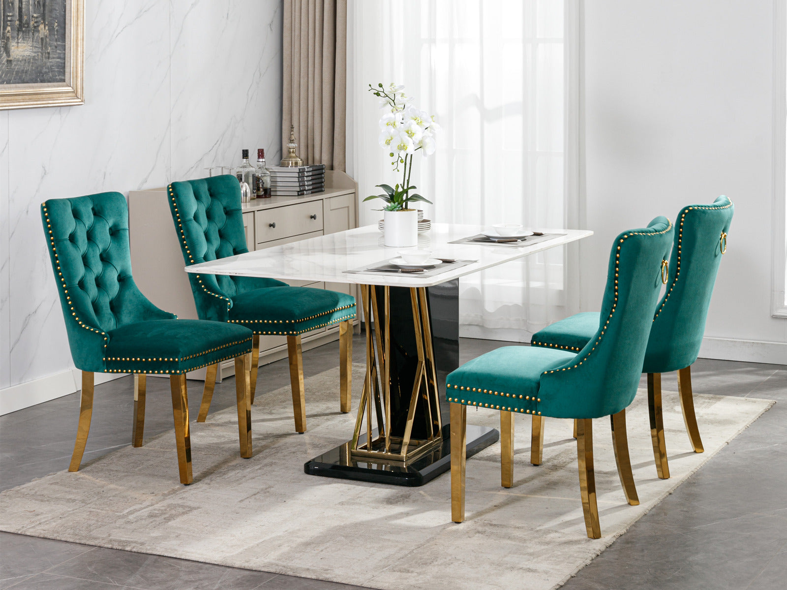 Rosewick Modern Tufted Velvet Solid Wood Upholstered Dining Chair with Gold Stainless Steel Plating Legs, Set of 2