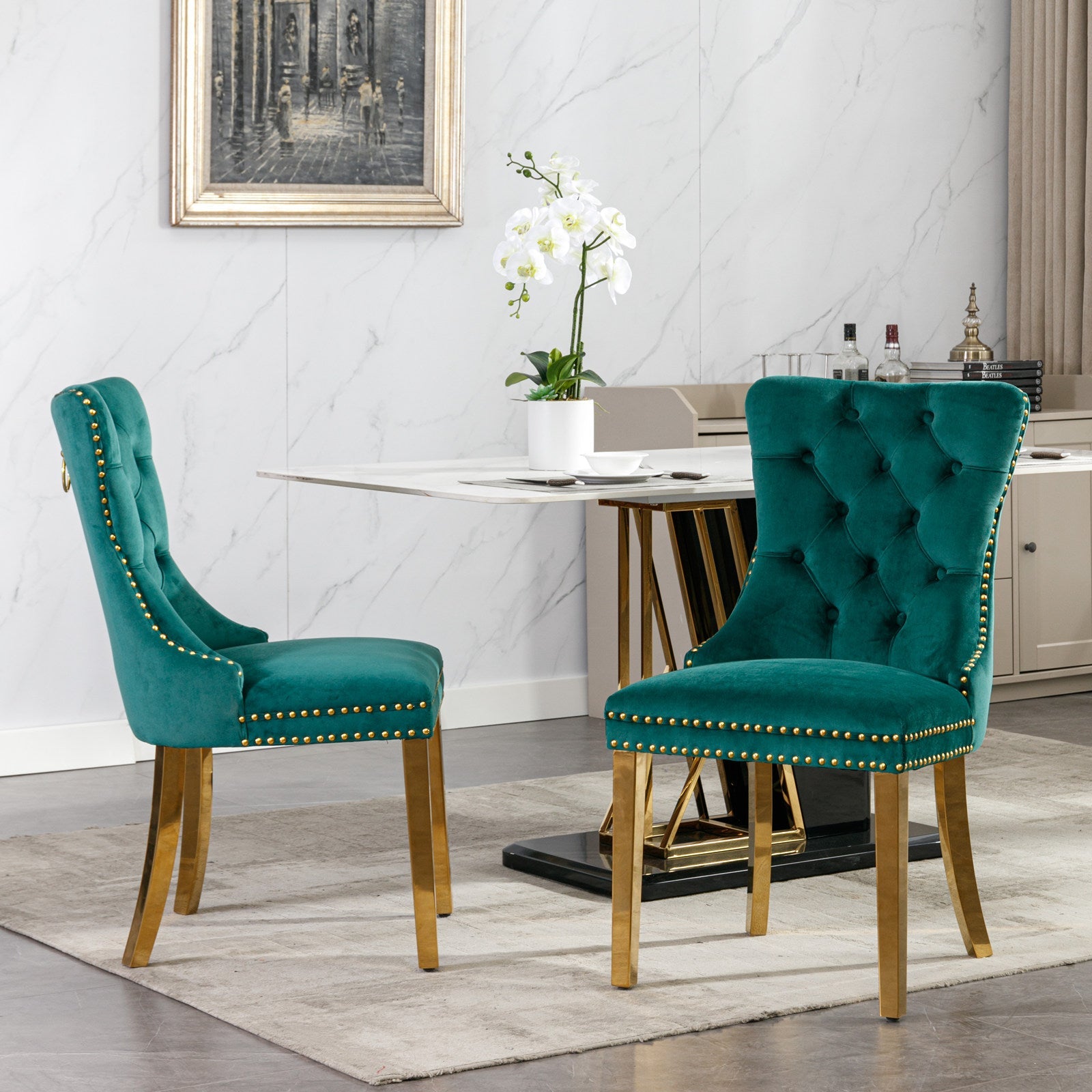 Rosewick Modern Tufted Velvet Solid Wood Upholstered Dining Chair with Gold Stainless Steel Plating Legs, Set of 2