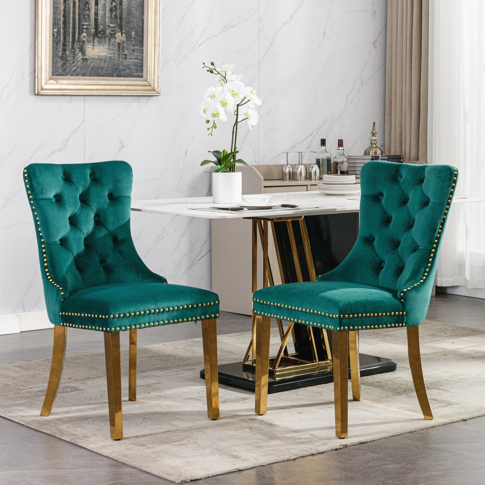 Rosewick Modern Tufted Velvet Solid Wood Upholstered Dining Chair with Gold Stainless Steel Plating Legs, Set of 2