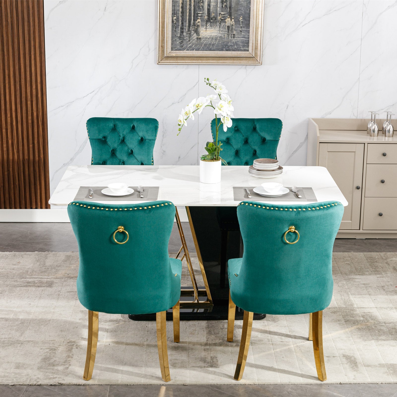Rosewick Modern Tufted Velvet Solid Wood Upholstered Dining Chair with Gold Stainless Steel Plating Legs, Set of 2