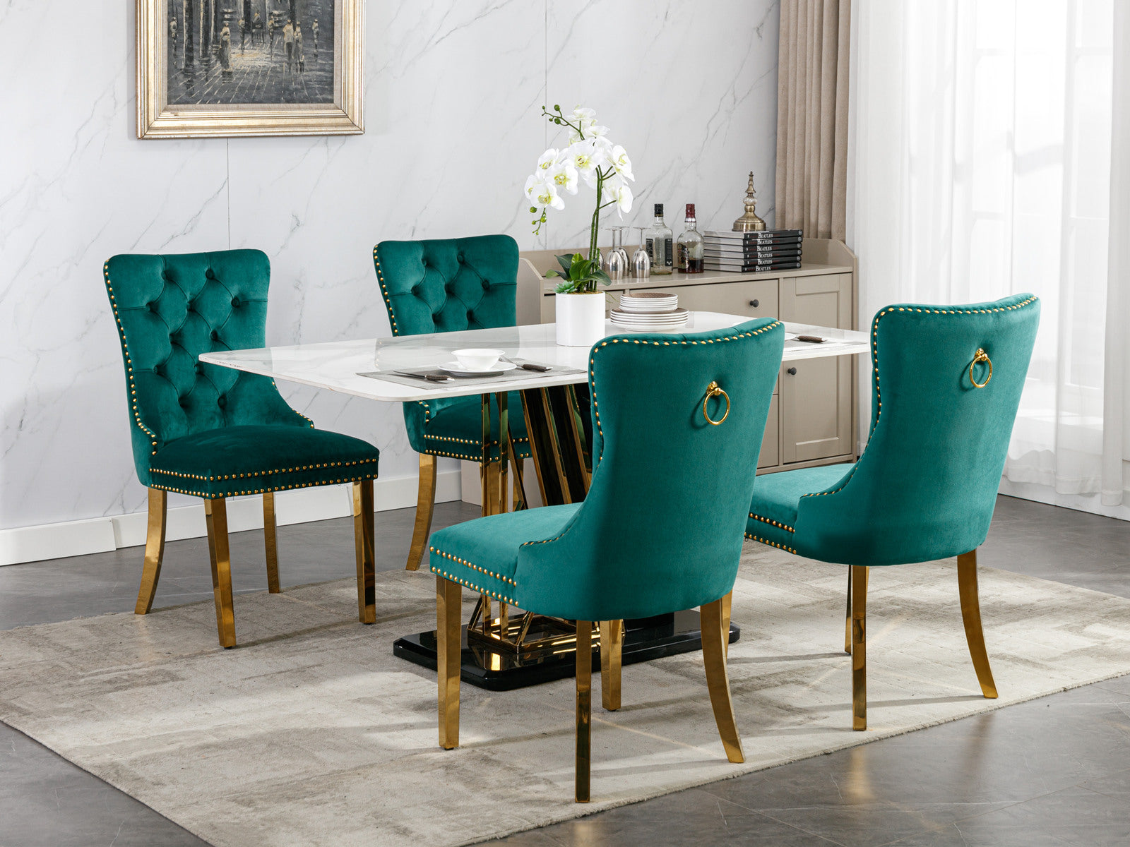 Rosewick Modern Tufted Velvet Solid Wood Upholstered Dining Chair with Gold Stainless Steel Plating Legs, Set of 2