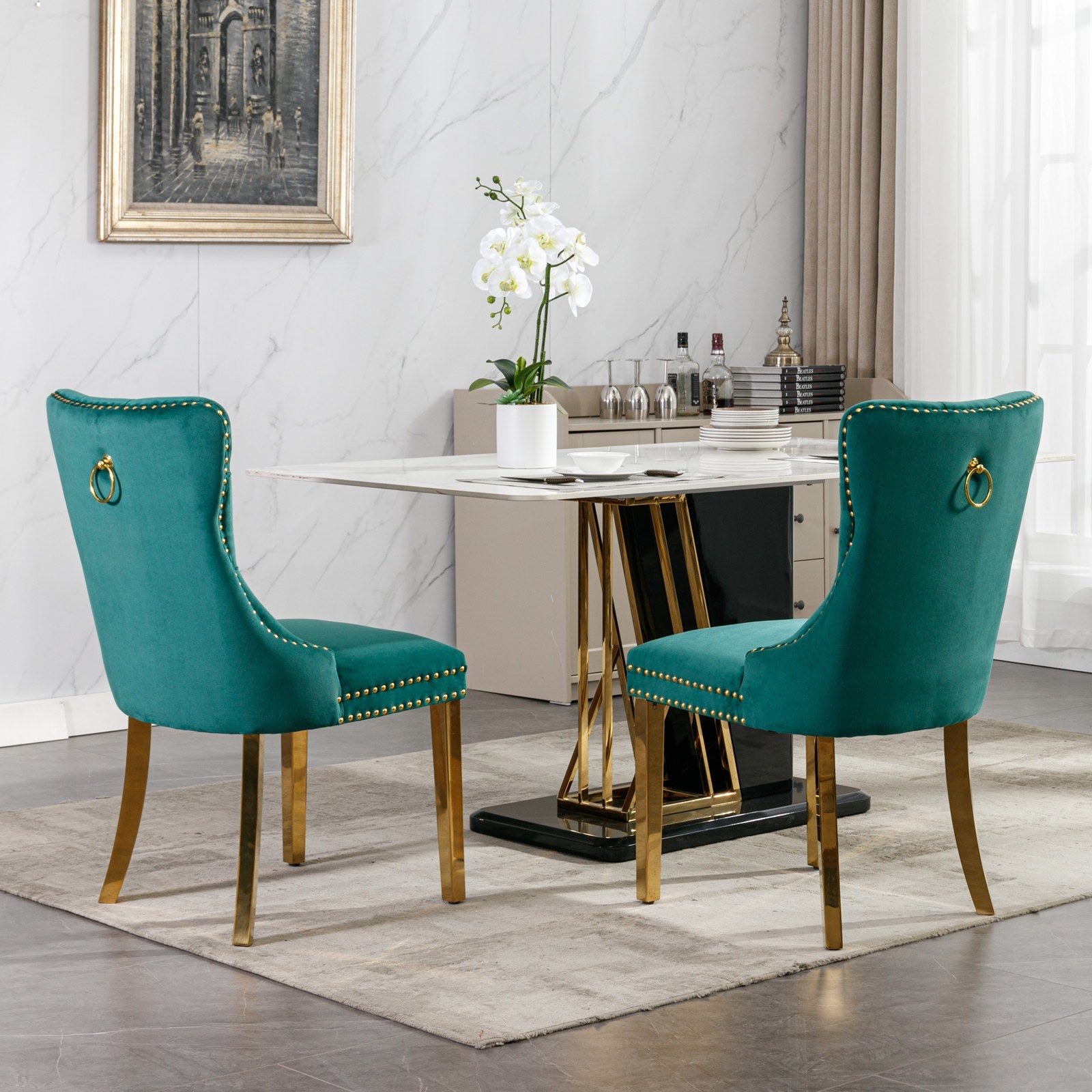 Rosewick Modern Tufted Velvet Solid Wood Upholstered Dining Chair with Gold Stainless Steel Plating Legs, Set of 2
