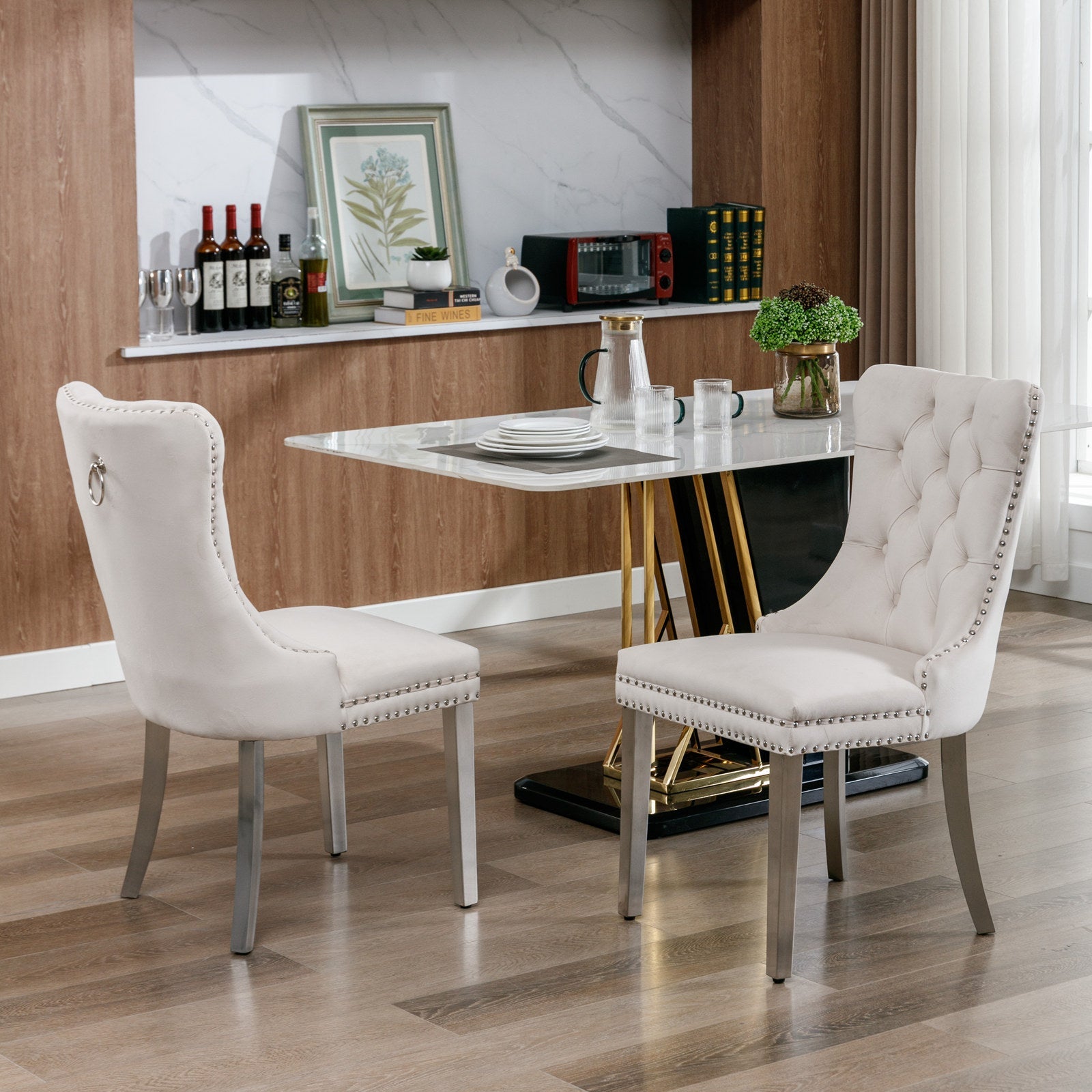 Rosewick Modern Tufted Velvet Nailhead Trim Solid Wood Upholstered Dining Chair with Chrome Stainless Steel Plating Legs, Set of 2