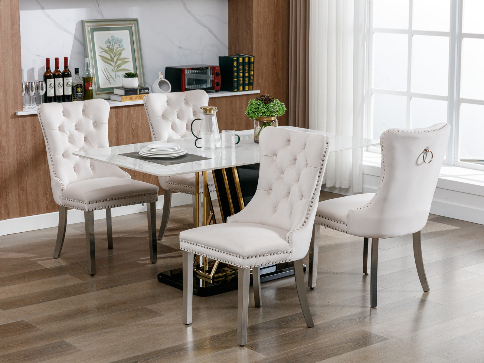 Rosewick Modern Tufted Velvet Nailhead Trim Solid Wood Upholstered Dining Chair with Chrome Stainless Steel Plating Legs, Set of 2