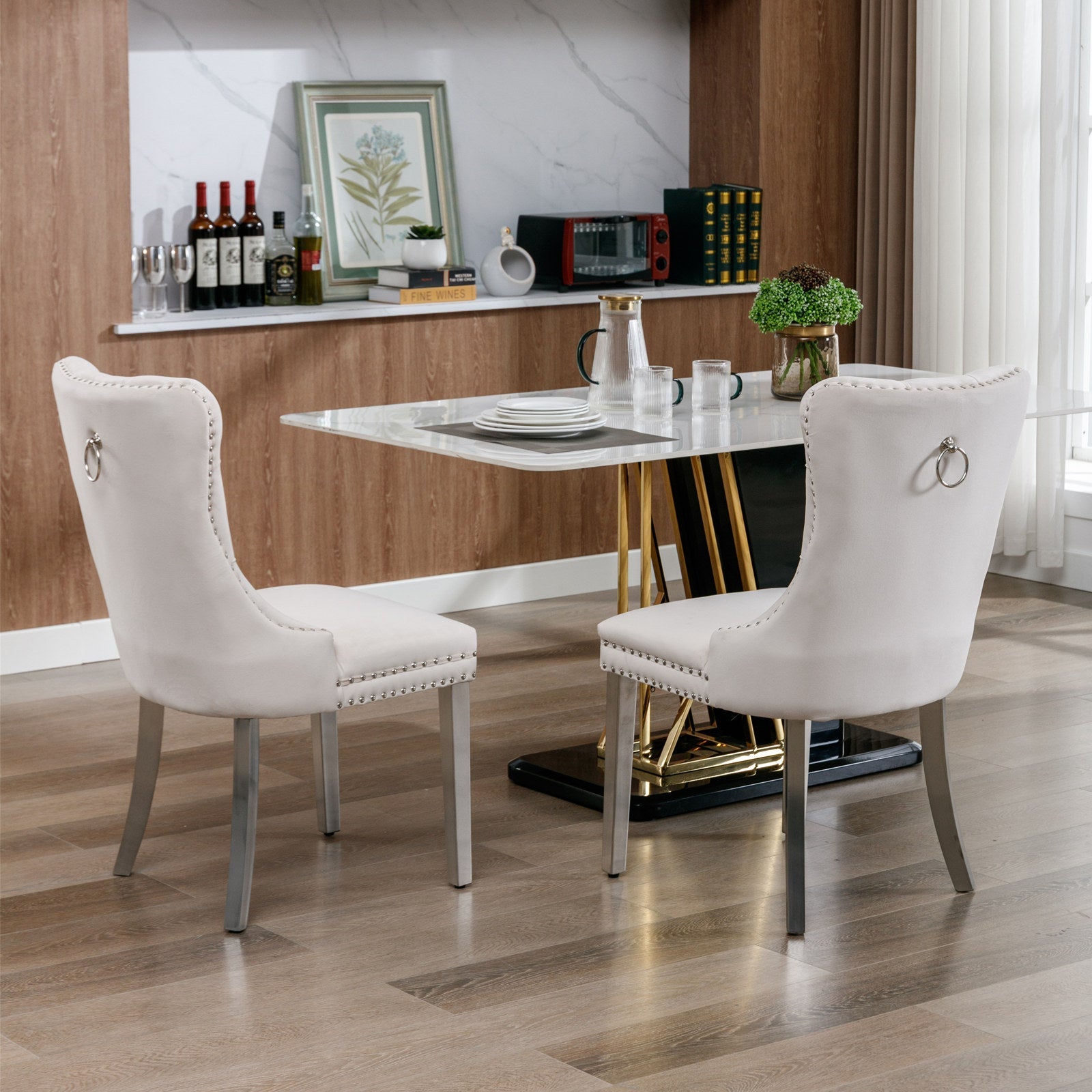 Rosewick Modern Tufted Velvet Nailhead Trim Solid Wood Upholstered Dining Chair with Chrome Stainless Steel Plating Legs, Set of 2