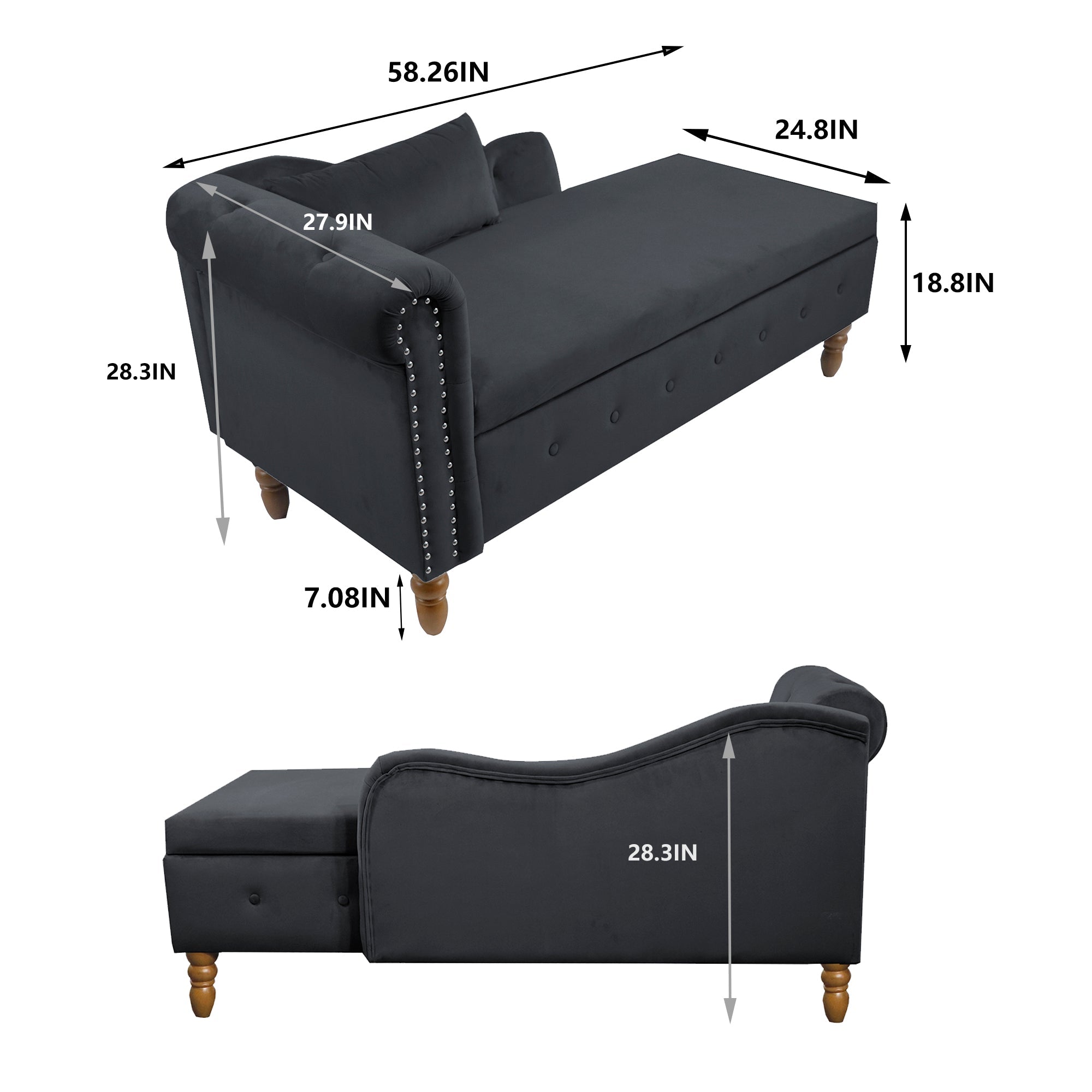 Tufted Velvet Upholstered Rolled Arm Nailhead Chaise Lounge