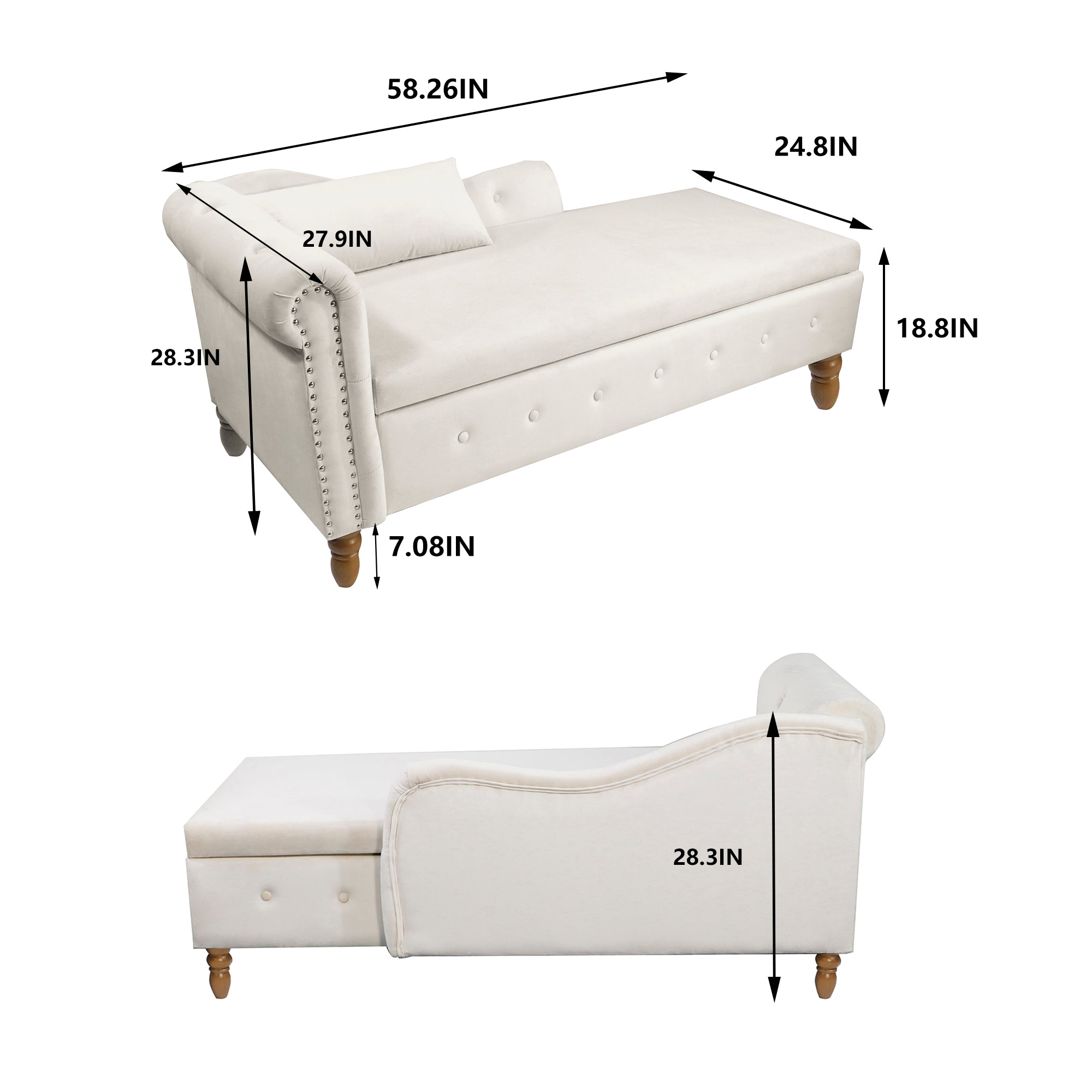 Tufted Velvet Upholstered Rolled Arm Nailhead Chaise Lounge