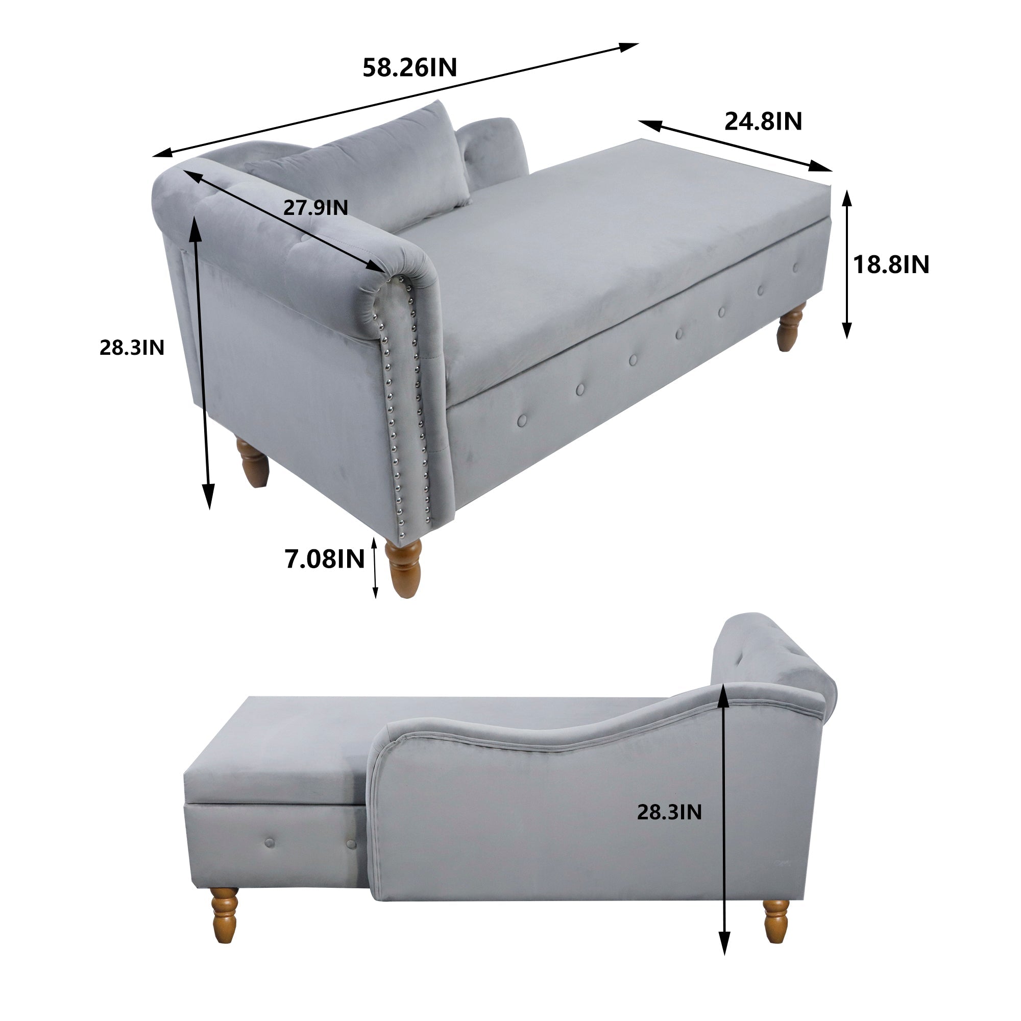 Tufted Velvet Upholstered Rolled Arm Nailhead Chaise Lounge
