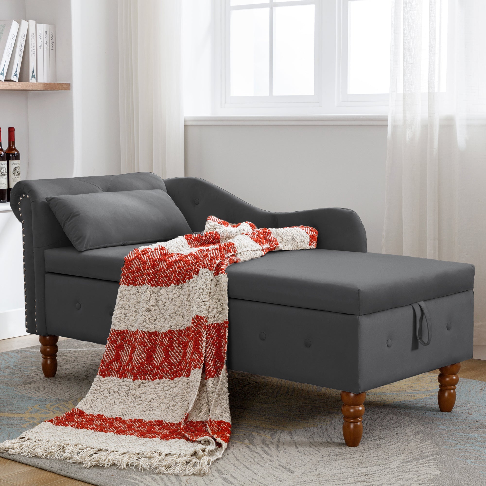 Tufted Velvet Upholstered Rolled Arm Nailhead Chaise Lounge
