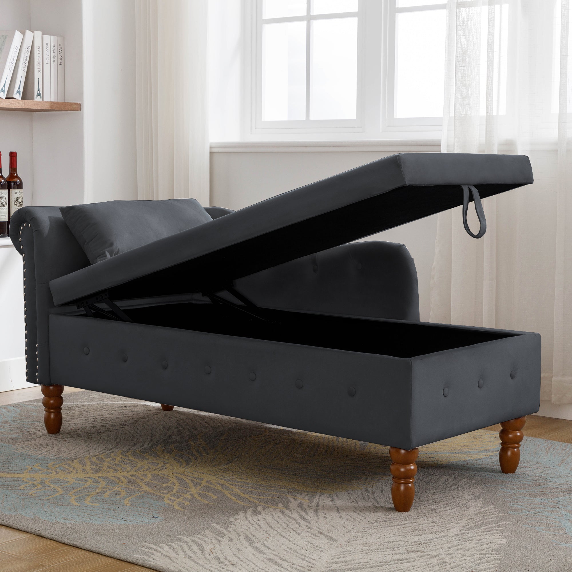 Tufted Velvet Upholstered Rolled Arm Nailhead Chaise Lounge