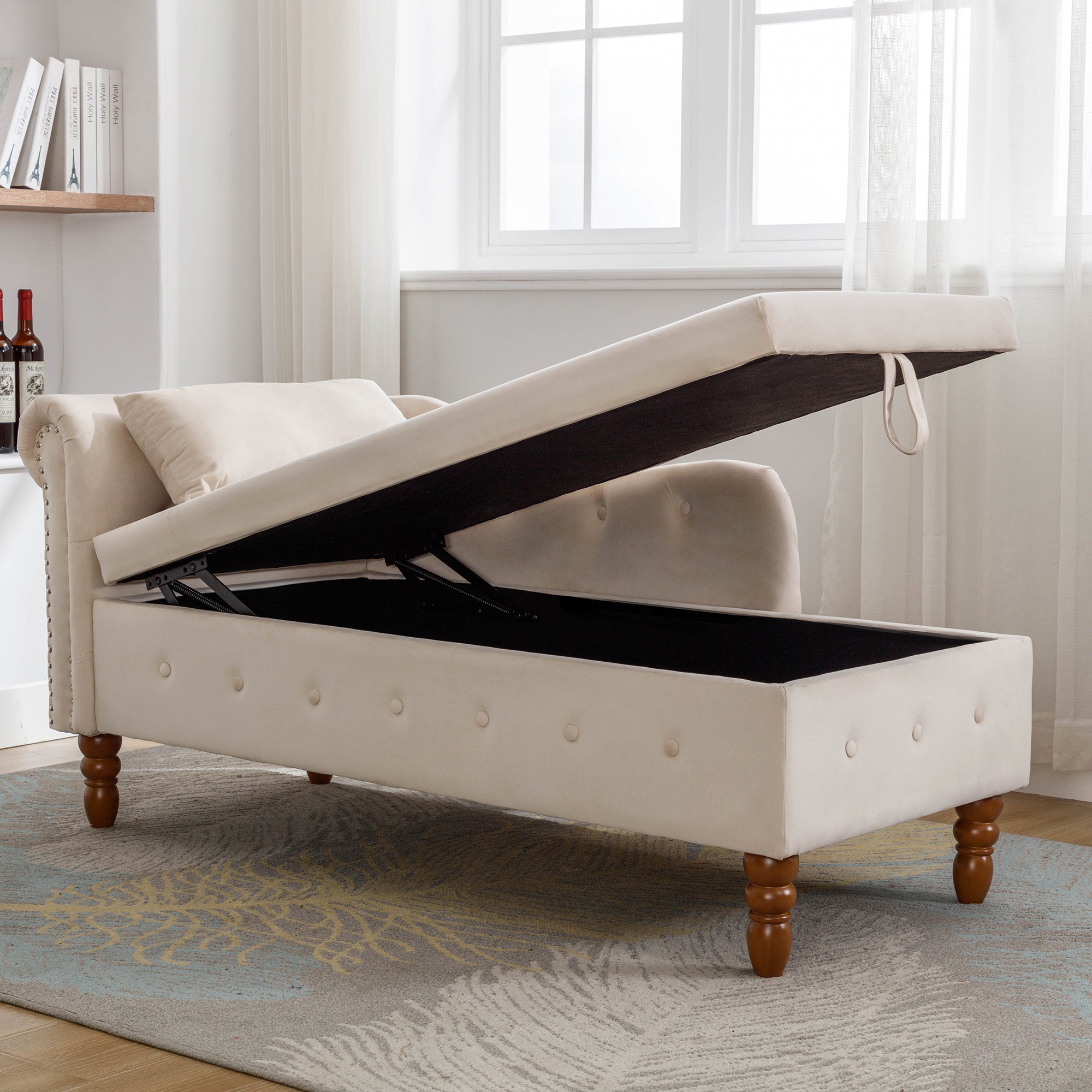 Tufted Velvet Upholstered Rolled Arm Nailhead Chaise Lounge