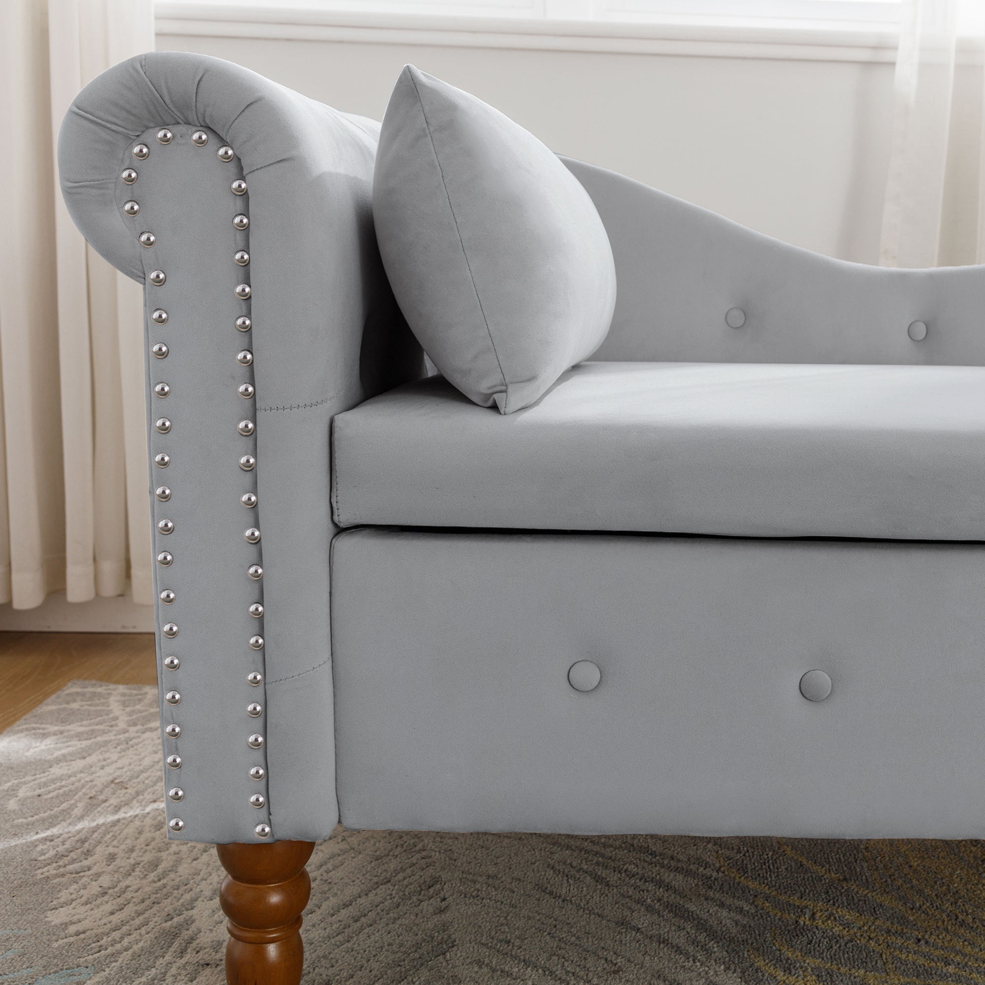 Tufted Velvet Upholstered Rolled Arm Nailhead Chaise Lounge