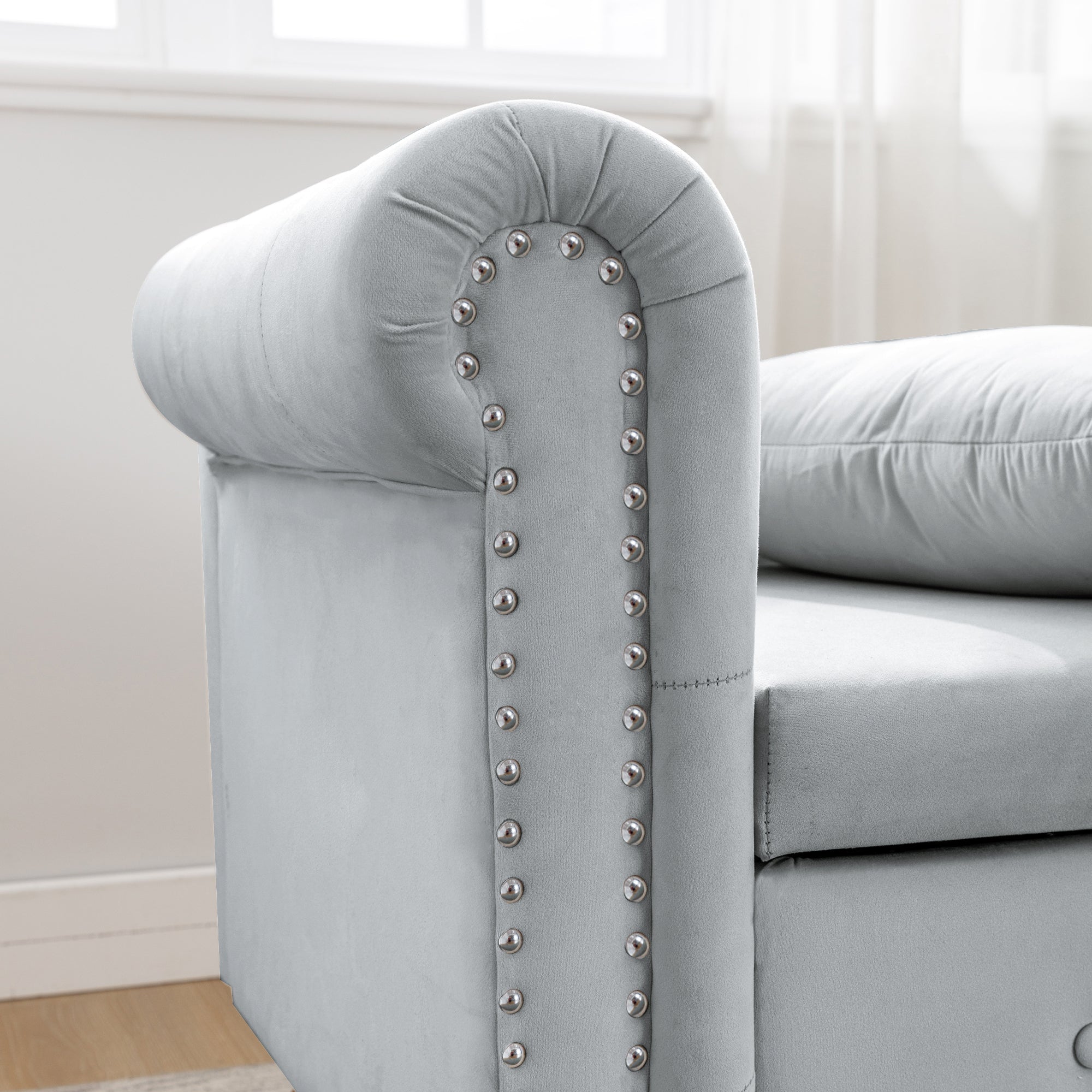 Tufted Velvet Upholstered Rolled Arm Nailhead Chaise Lounge