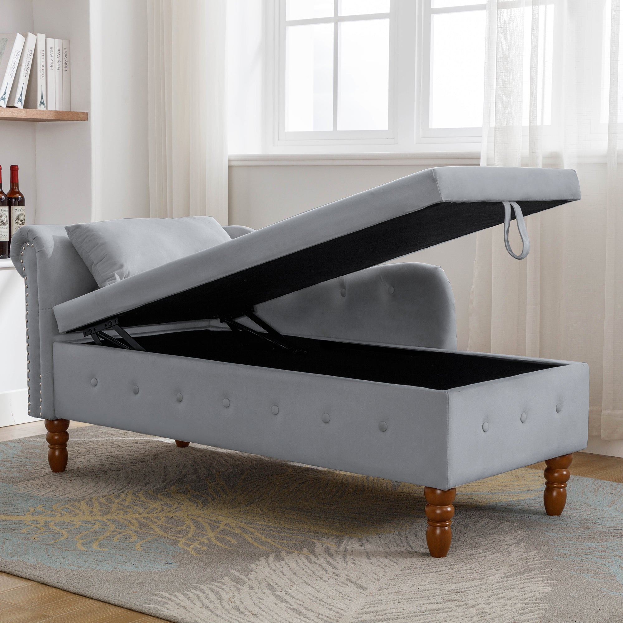 Tufted Velvet Upholstered Rolled Arm Nailhead Chaise Lounge