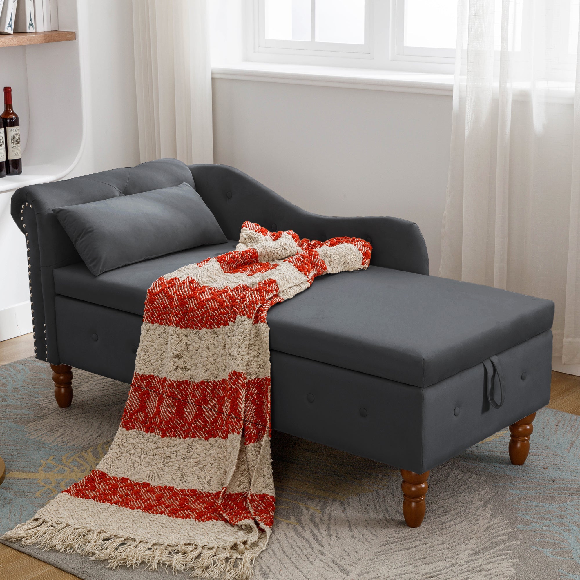 Tufted Velvet Upholstered Rolled Arm Nailhead Chaise Lounge