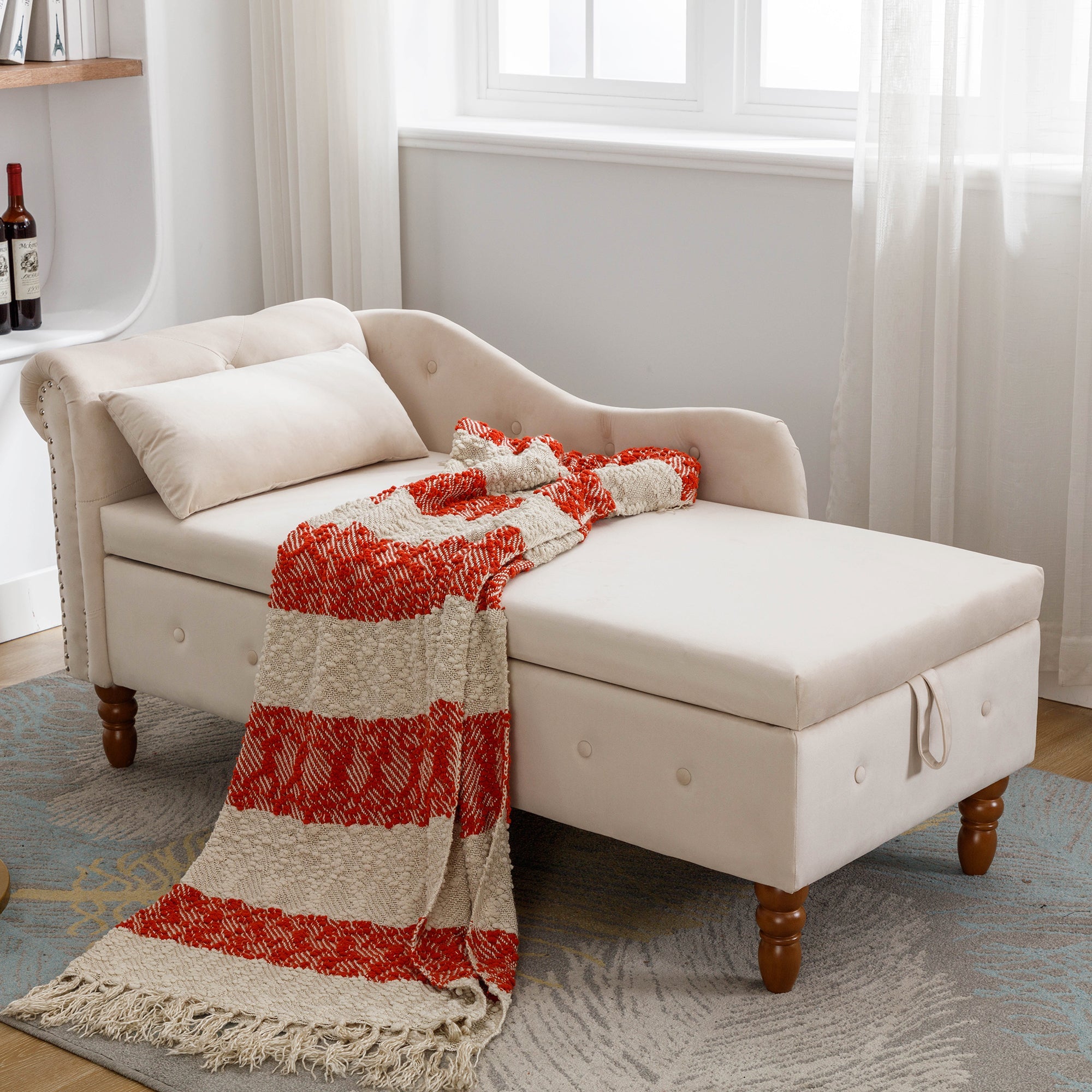 Tufted Velvet Upholstered Rolled Arm Nailhead Chaise Lounge